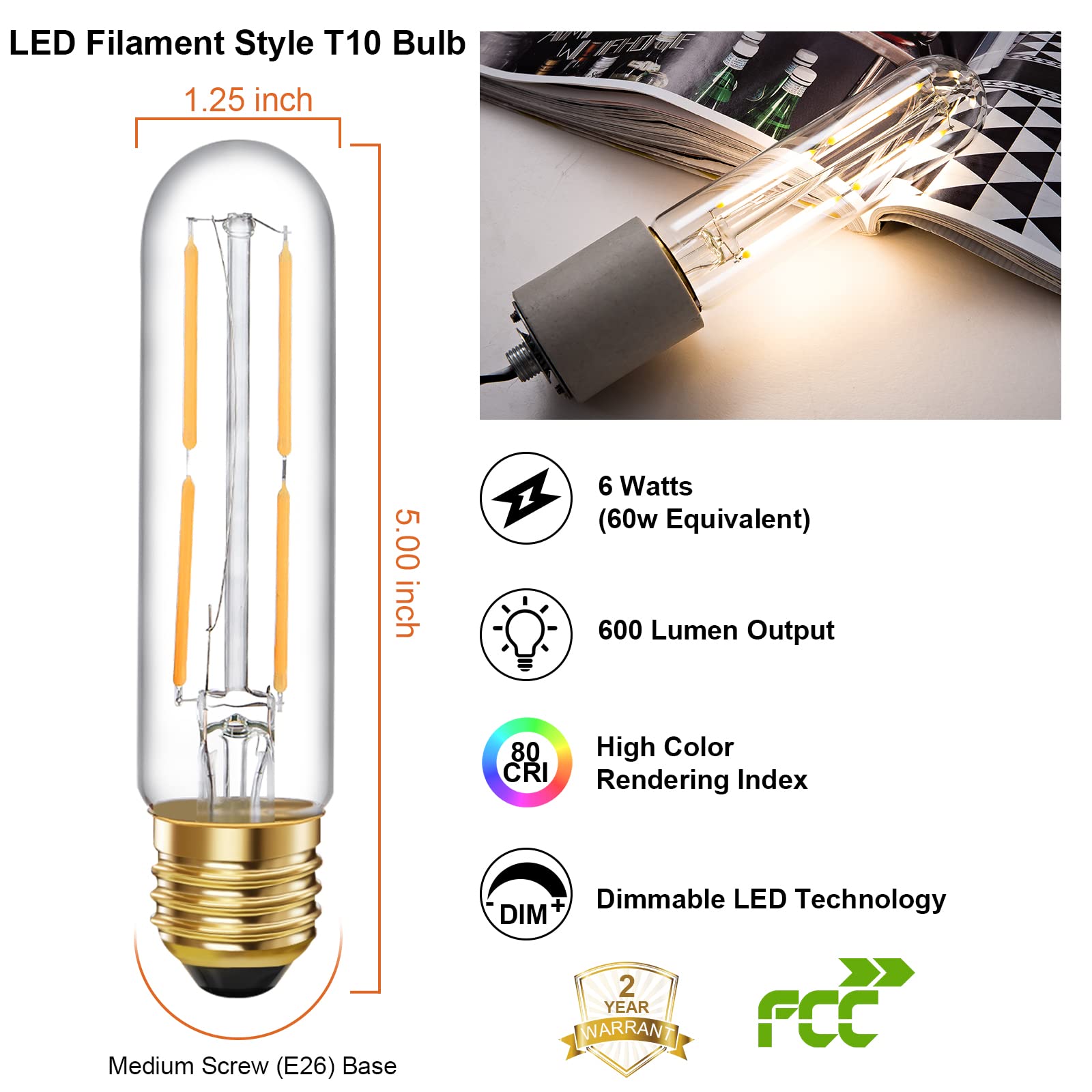 Tianshq 6 Pcs E26 T10 Led Tubular Light Bulbs, Warm White Edison Bulb 2700K 4W Dimmable T10 Led Bulb For Pendant Lights, Lamps,