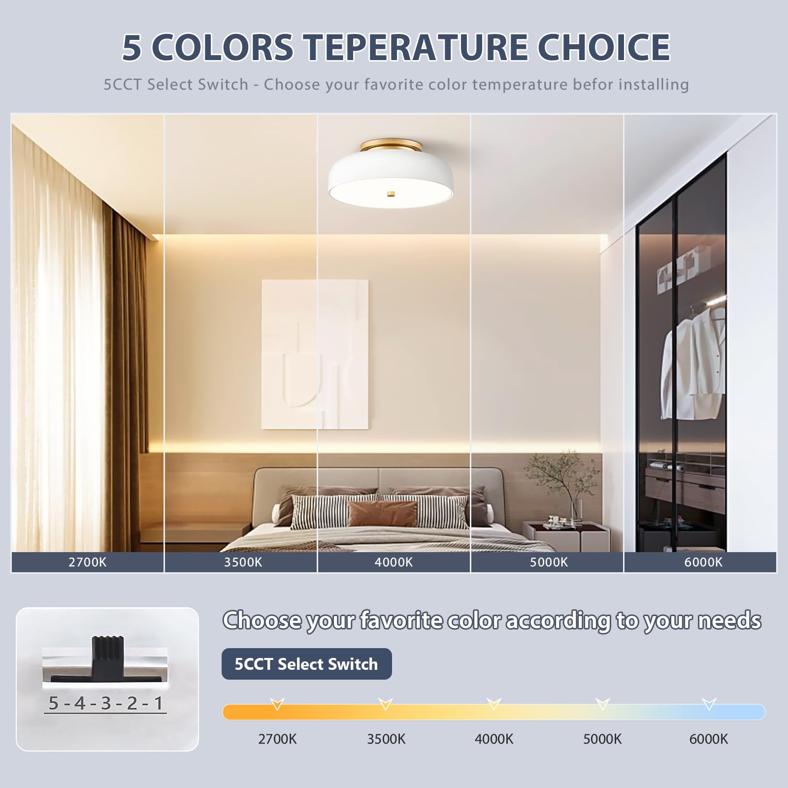 Zuyurt Dimmable Modern Led Ceiling Light,Mid-Century White And Gold Semi Flush Mount Ceiling Light, With Acrylic Shade, 5Cct 270