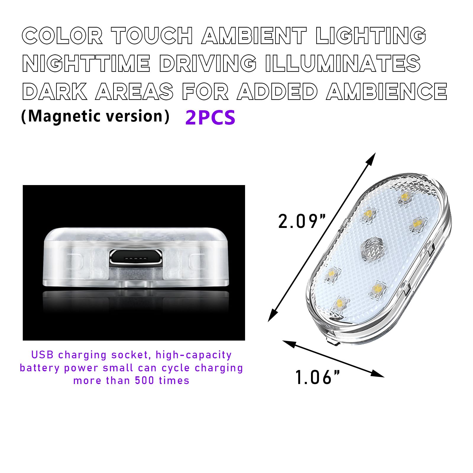 Ziciner Car Wireless LED Lights, Super Bright, USB Rechargeable, 2 PCS, White, Universal Fit for Cars, Trucks, SUVs, Vans