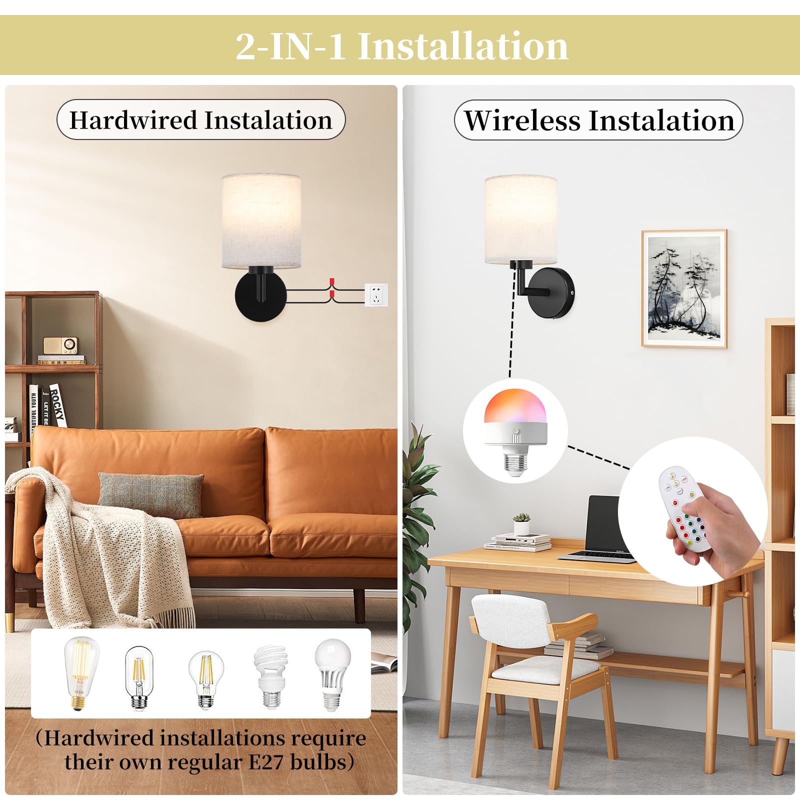 XIGUCUCN Rechargeable Wall Sconce Set of 2, Battery Operated, LED Bulb, 15 Colours Dimmable, Black, Model XG-WL03BK
