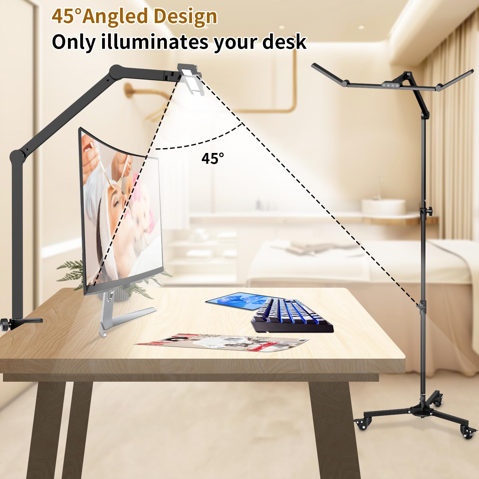 Hitti Lash Light For Eyelash Tech, 2-In-1 Led Floor Light And Clamp, Bright Foldable Half Moon Light, Stepless Dimming 3 Color E