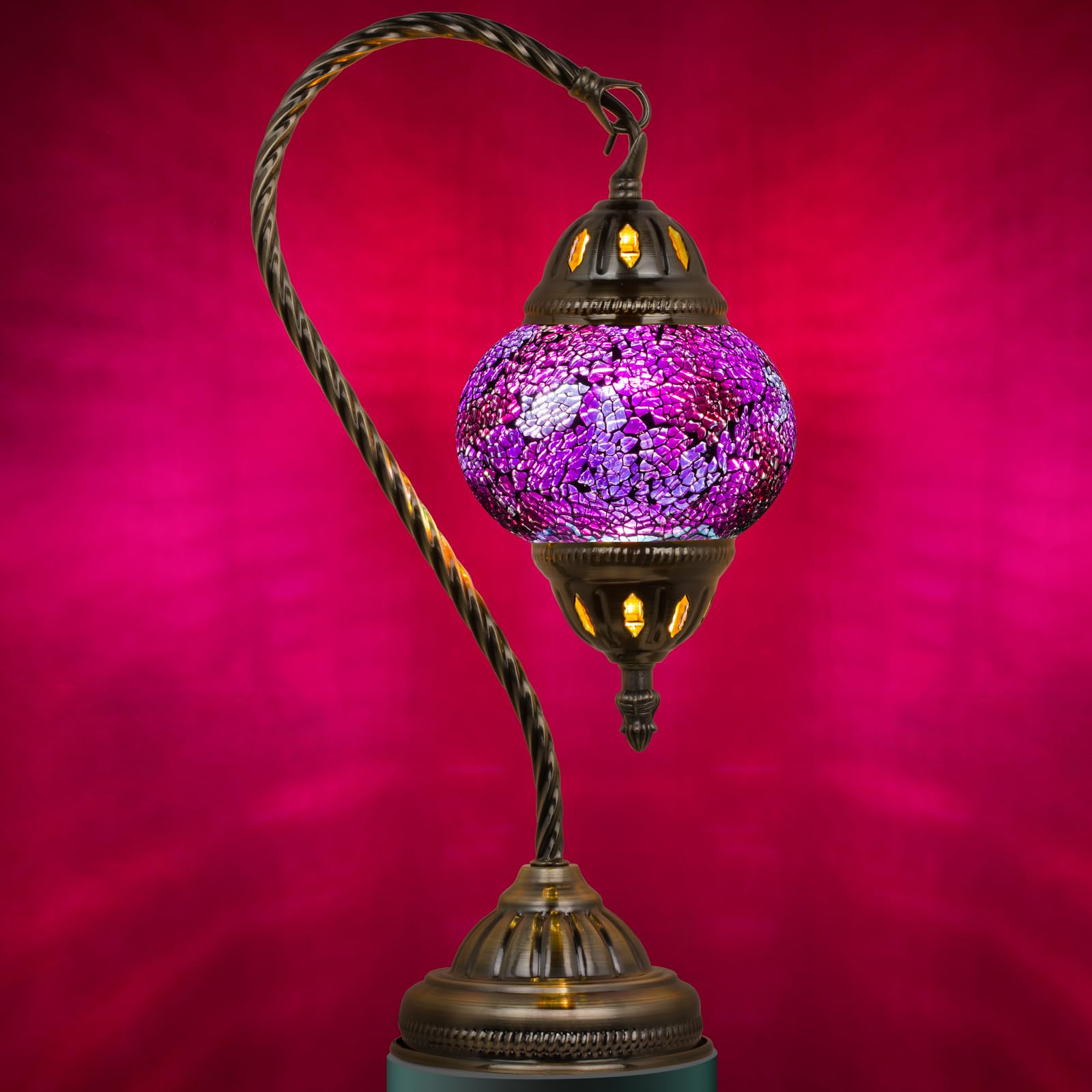 Marrakech Turkish Mosaic Glass Table Lamp, 15x5x5 inches, Swan Neck Bronze Base, Shards Red, Model YMA403-11#-Swan-Shard-Red-New