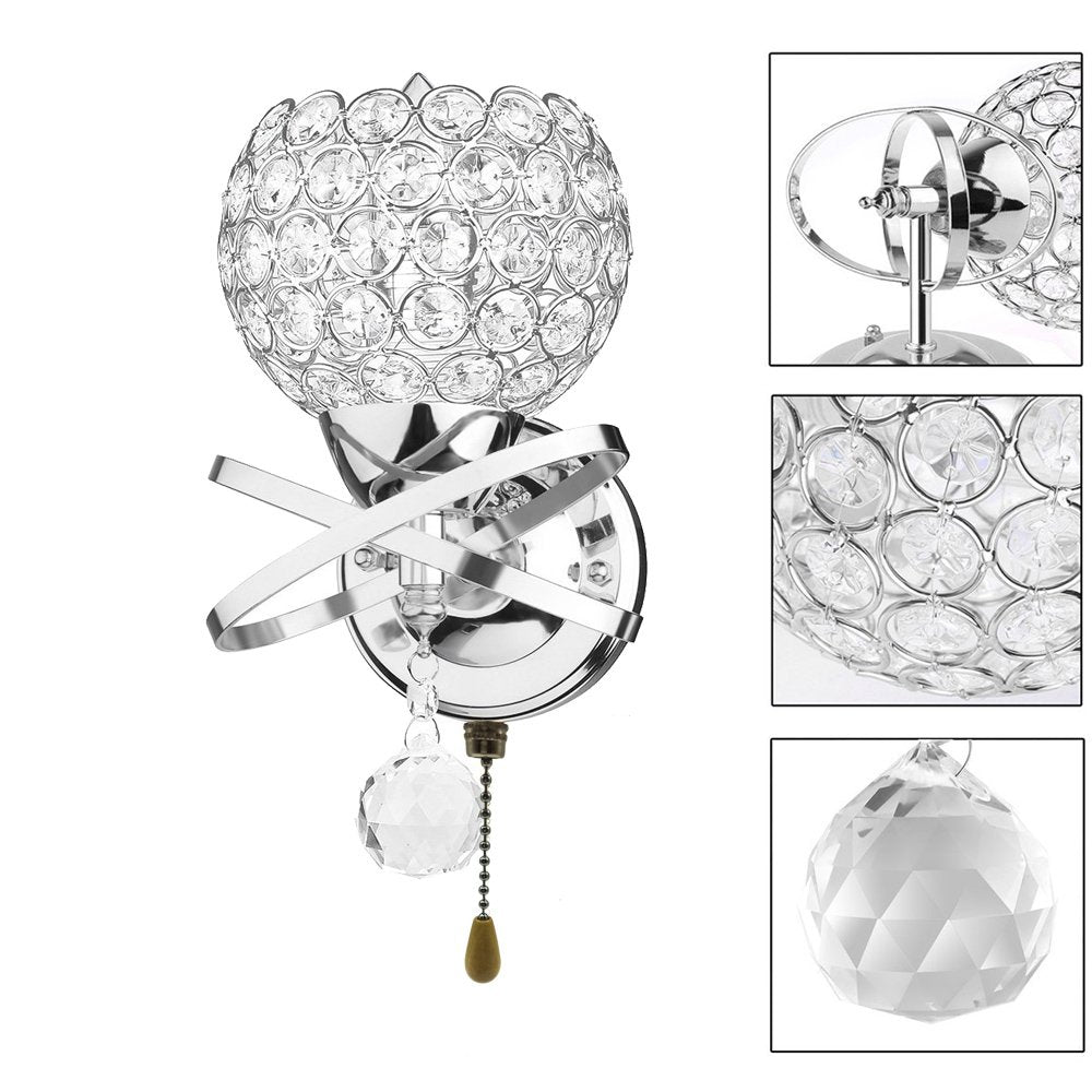WeFoonLo Modern Crystal Wall Light Fixture, Chrome Finish, E14 Socket, Spherical, Bedroom Sconce, Model TL1135, Silver