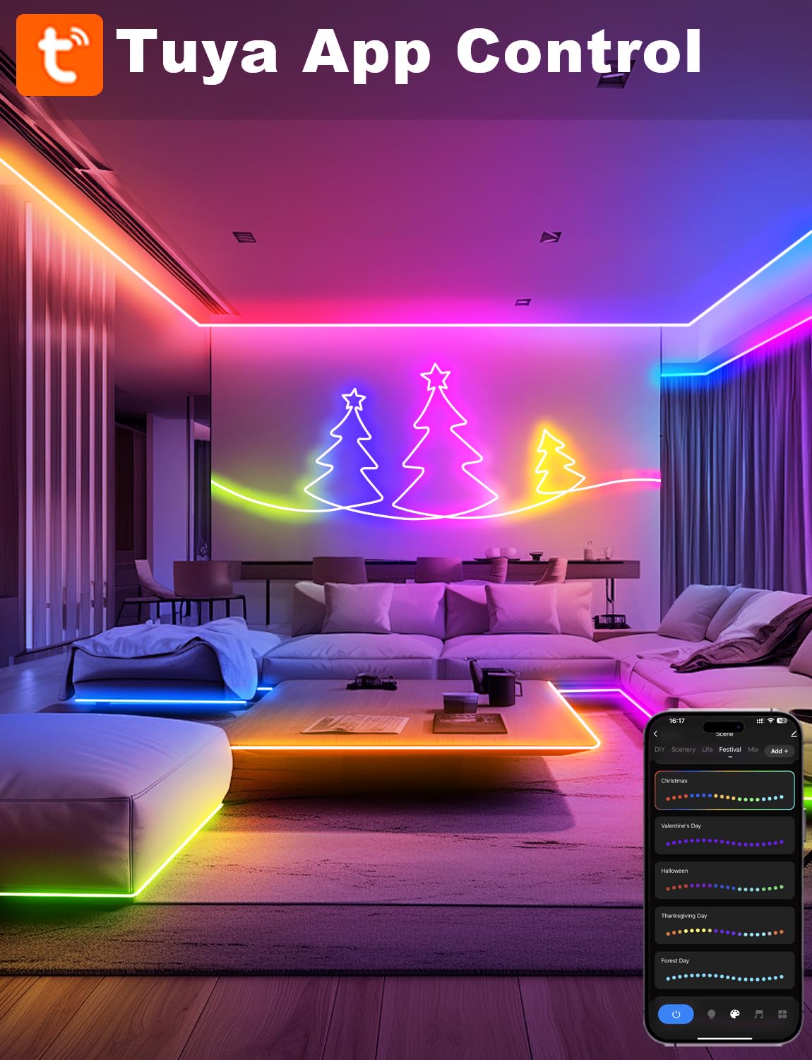 Echosari Neon Rope Lights Rgb Color Changing Ic, 33Ft Led Neon Rope Light Outdoor With Music Sync, 64 Scene Modes For Bedroom Pa