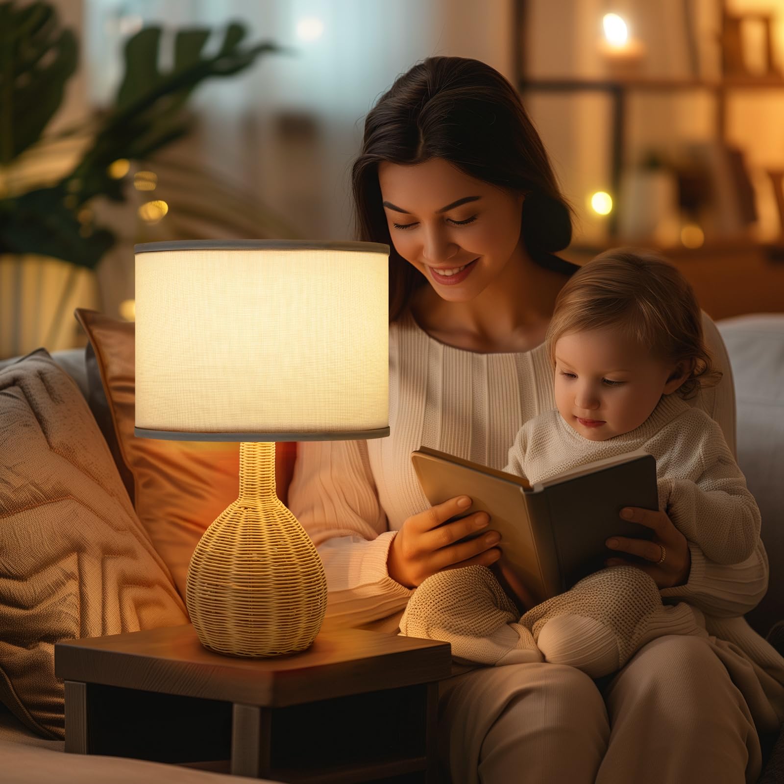 Velxee Rattan Table Lamp Set Of 2 - Natural Woven Design, 15W Led Bulb Included, Modern Boho Style Nightstand Lamps For Bedroom,