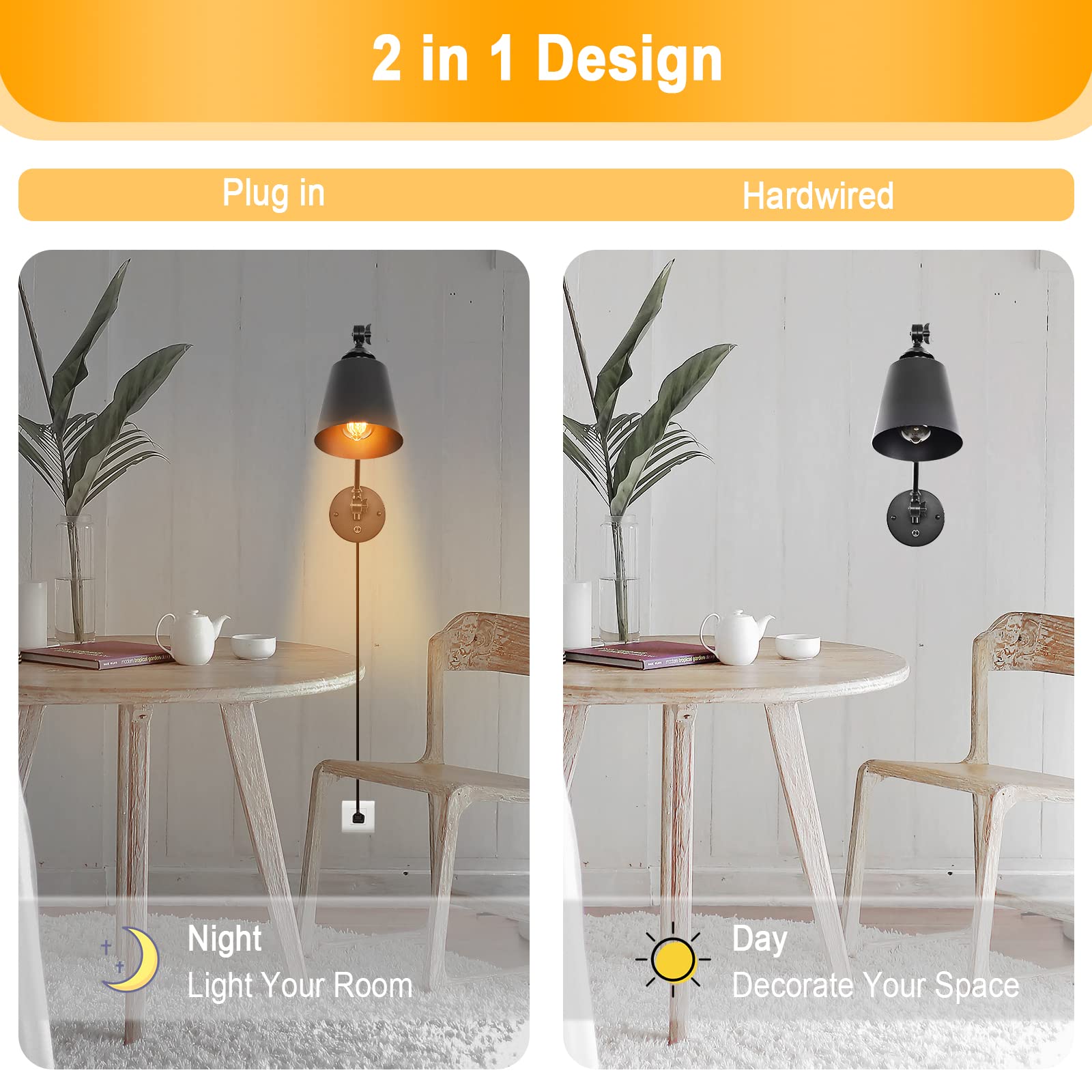 Hoxiya Dimmable Swing Arm Plug In Wall Lamps Set Of 2, Plug-In Wall Sconce With Dimmer Switch Cord, Matte Black Metal Industrial