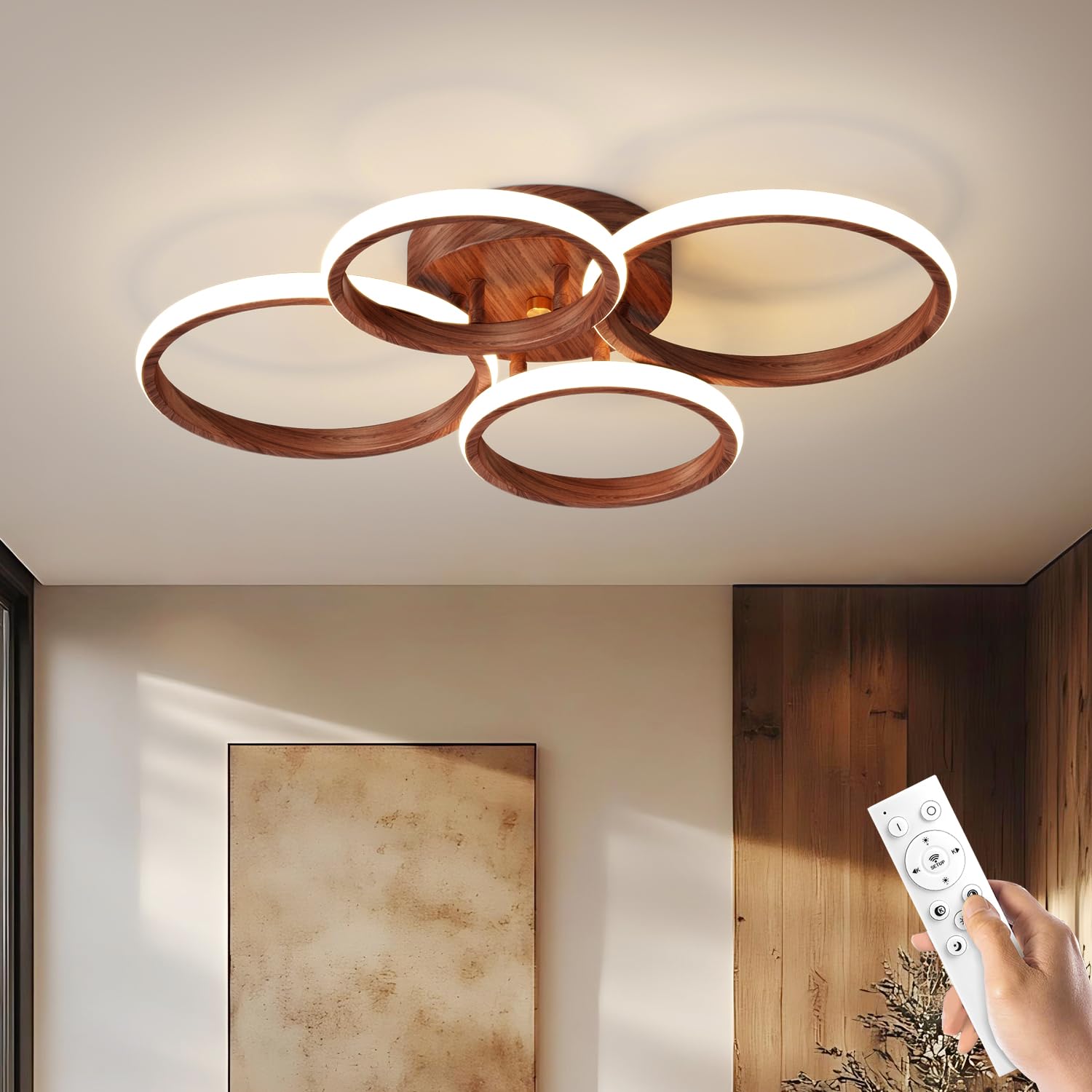 Miss Lighting Dimmable LED Semi Flush Mount Light Fixture 3-Color Dimming 4 Ring Wood Model MT05