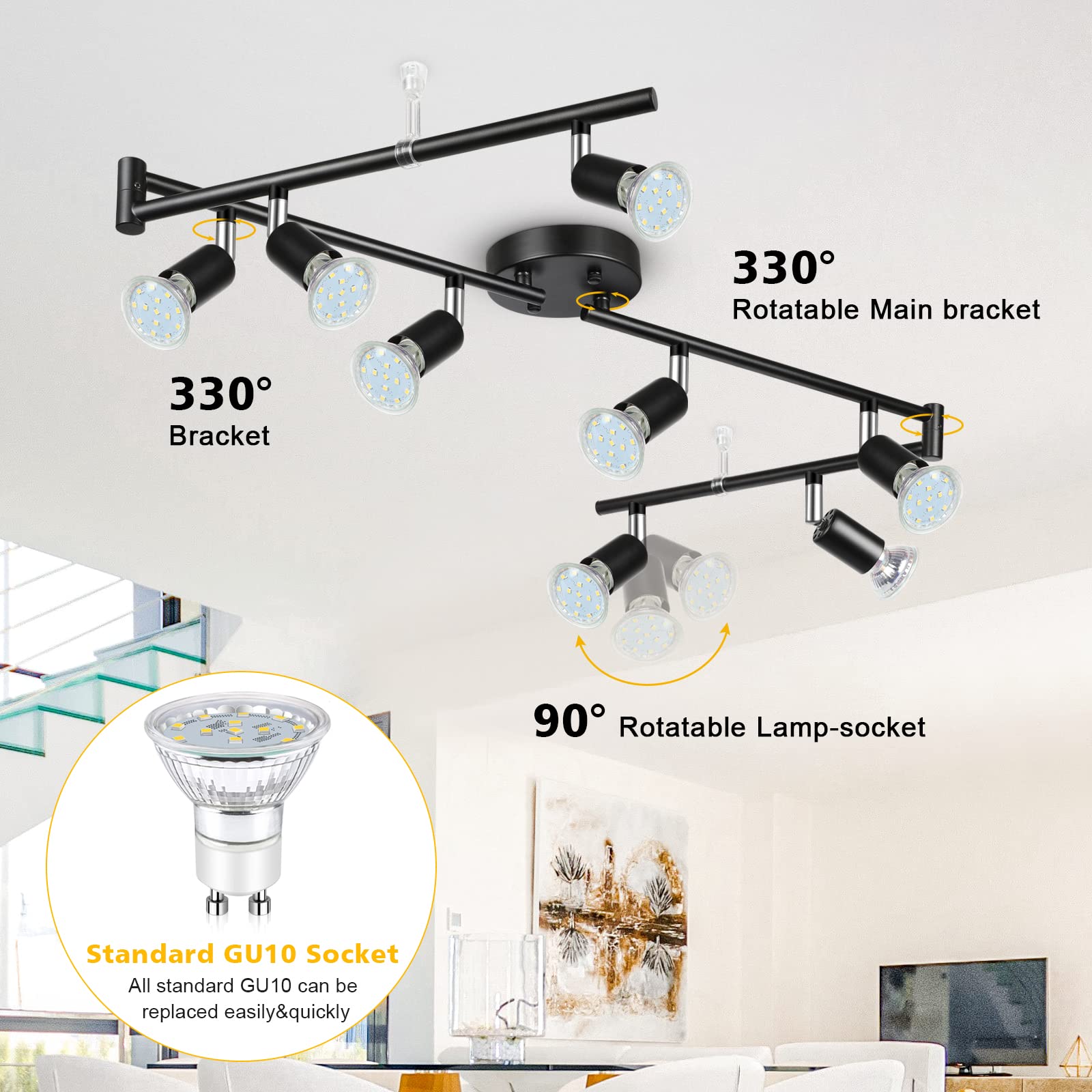 Unicozin LED 8 Light Track Lighting Kit, Black, Metal, 8 Way Ceiling Spot Lights, Includes 8 x 4W GU10 Bulbs, Daylight White 5000K