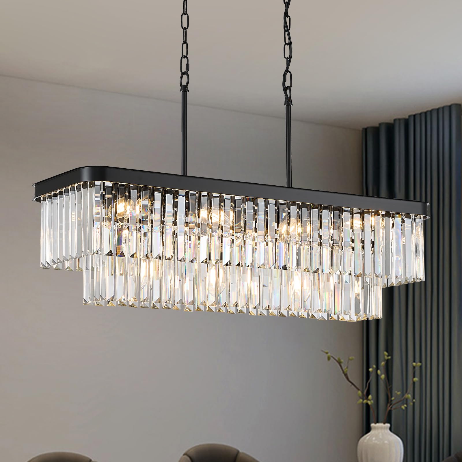 MERINEA Modern Rectangular Crystal Chandeliers for Dining Room 11 Lights L33.5  Black Rectangle Chandelier Elegant K9 Crystal Ceiling Pendant Light Fixture for Kitchen Island Bar