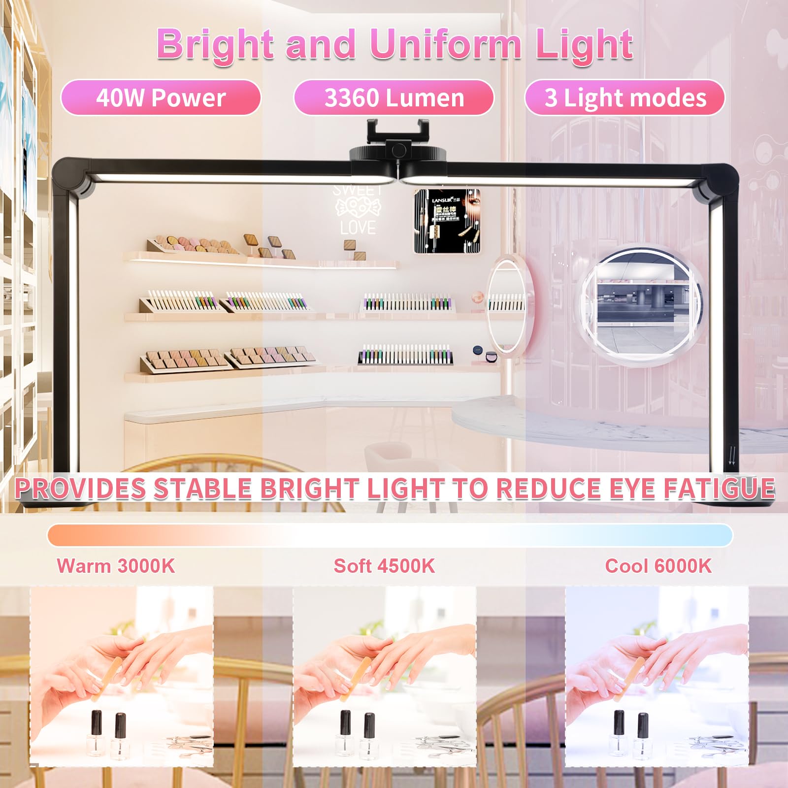 BQAN Nail Tech Lamp 40W with Phone Holder, 3 Modes 3000k-6000k, Foldable Black Desk Light for Nail and Tattoo Use, Model BQMT-855