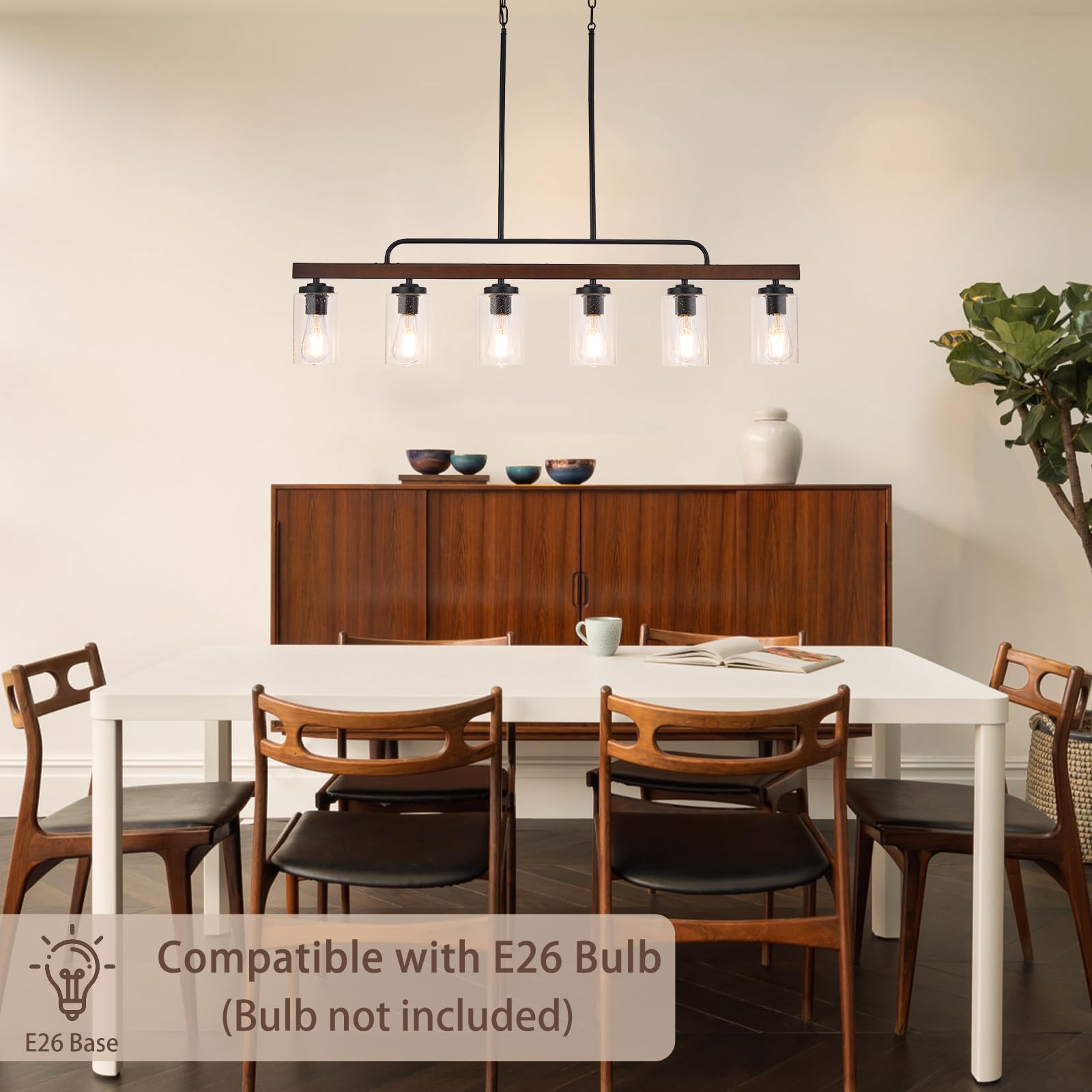 Farmhouse Chandelier 6-Light Dining Room Light Fixture Over Table Kitchen Island Lighting Rustic Chandeliers For Dining Light With Seeded Glass Shade Wood Pendant Lights Kitchen Island