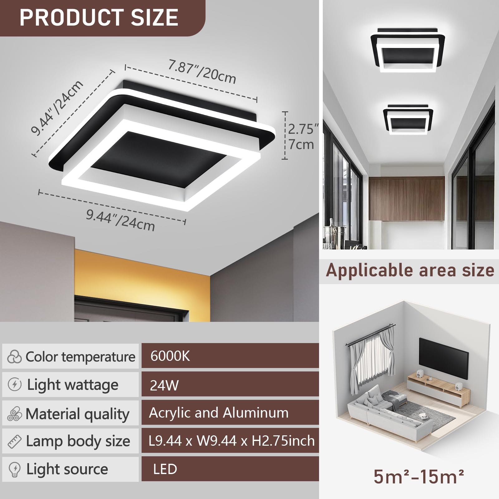 Caneoe 3 Packs Square Flush Mount Ceiling Light  6000K Black Modern Led Ceiling Light Fixture  Minimalist Hallway Lighting Fixture Ceiling Lamp For Hallway Entryway Bedroom Balcony (Black&White)