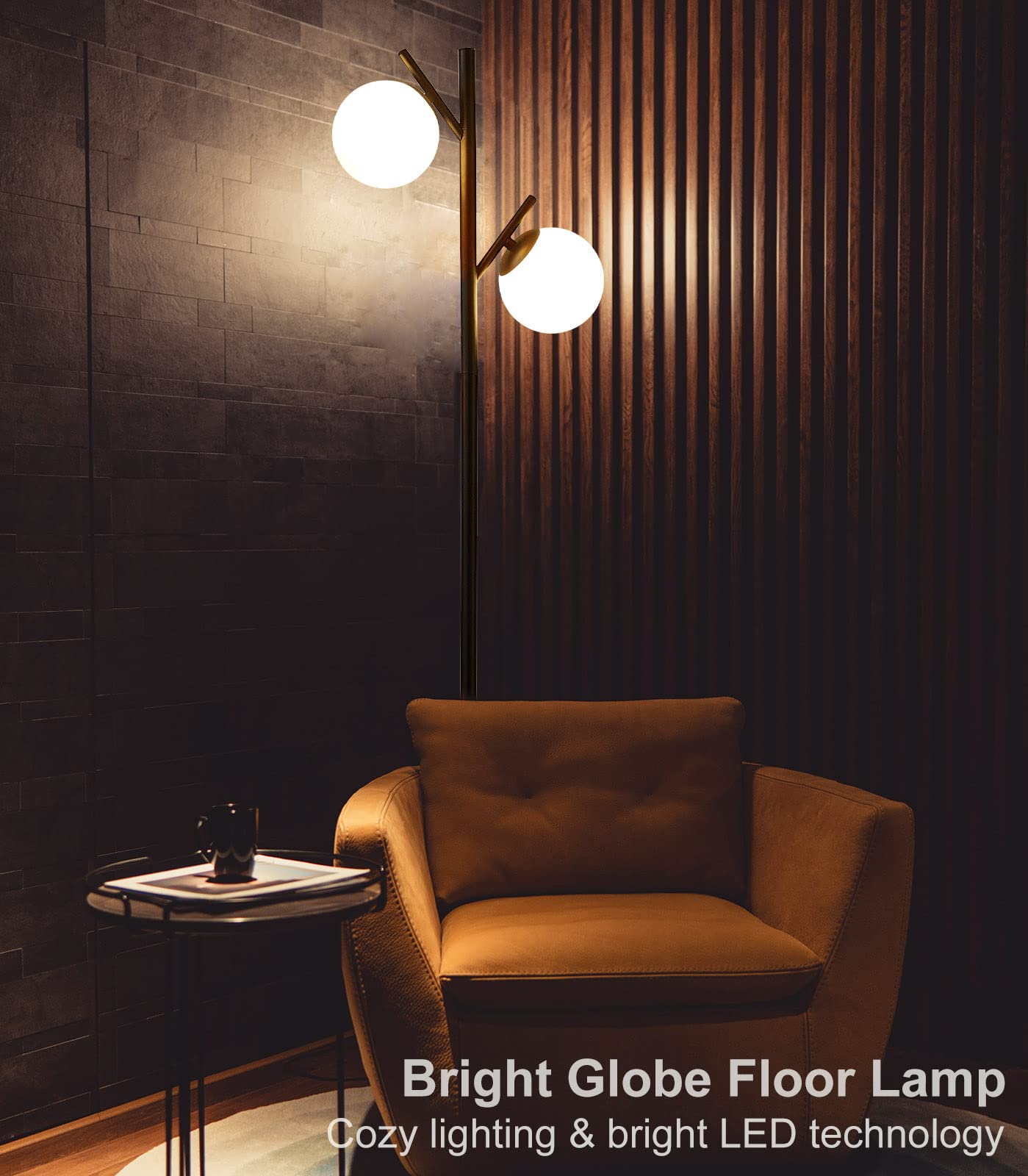 Fiqevs Black Mid Century Floor Lamp With 2 Led Bulbs & Frosted Glass Shades For Living Room