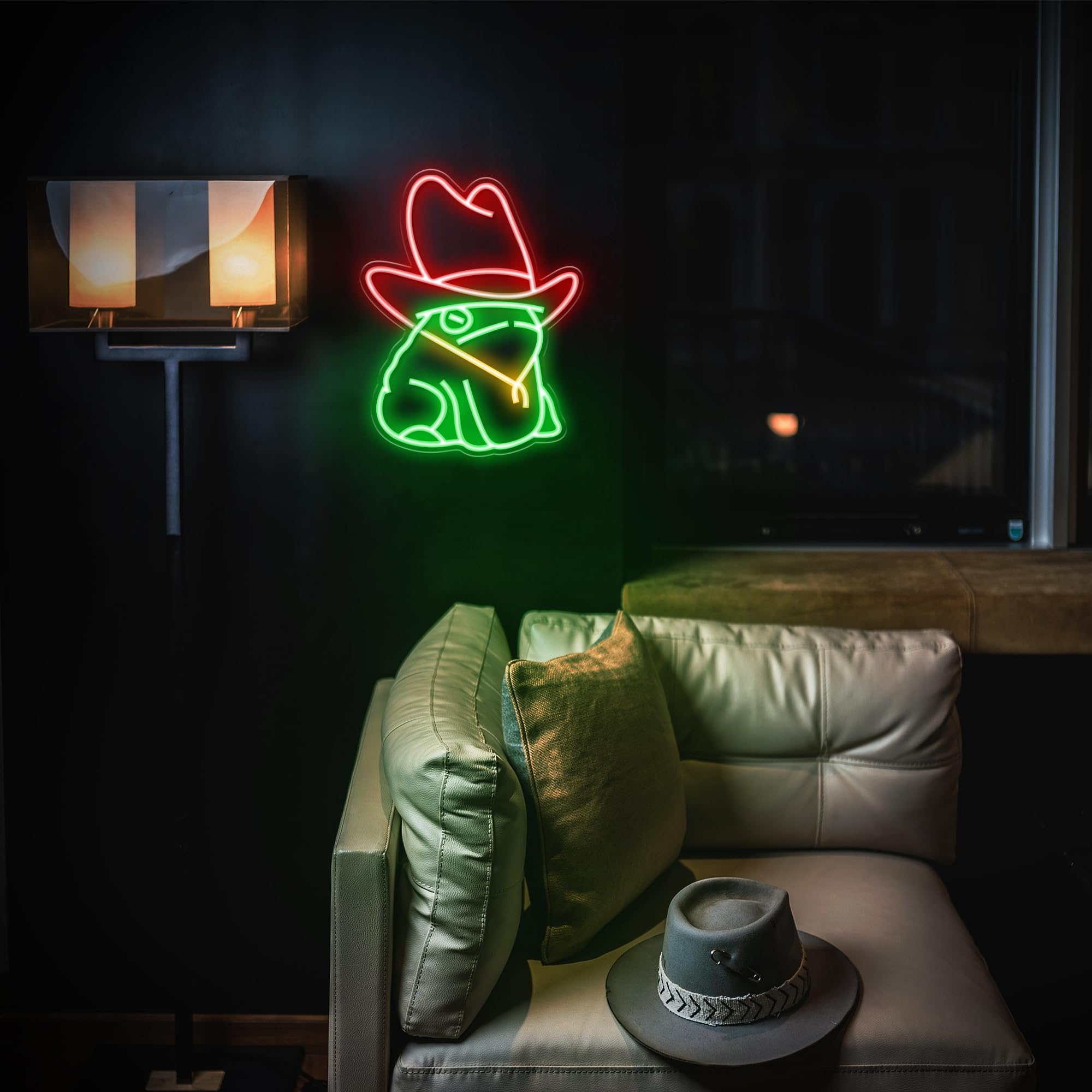 Kavaas Frog Neon Sign, LED Wall Decor 12.6" x 9.8", Green & Red Acrylic, Cowboy Hat Design for Man Cave, Gameroom, Bar