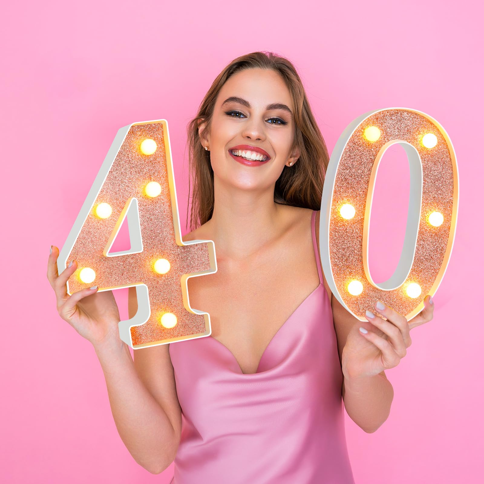 Treela 8.7 Birthday Decorative Led Light Up Numbers  Glitter Marquee Number Sign For Night Birthday Party Decorations Anniversary Bar Led Sign Backdrop Wall Table Centerpieces(40Th Rose Gold)