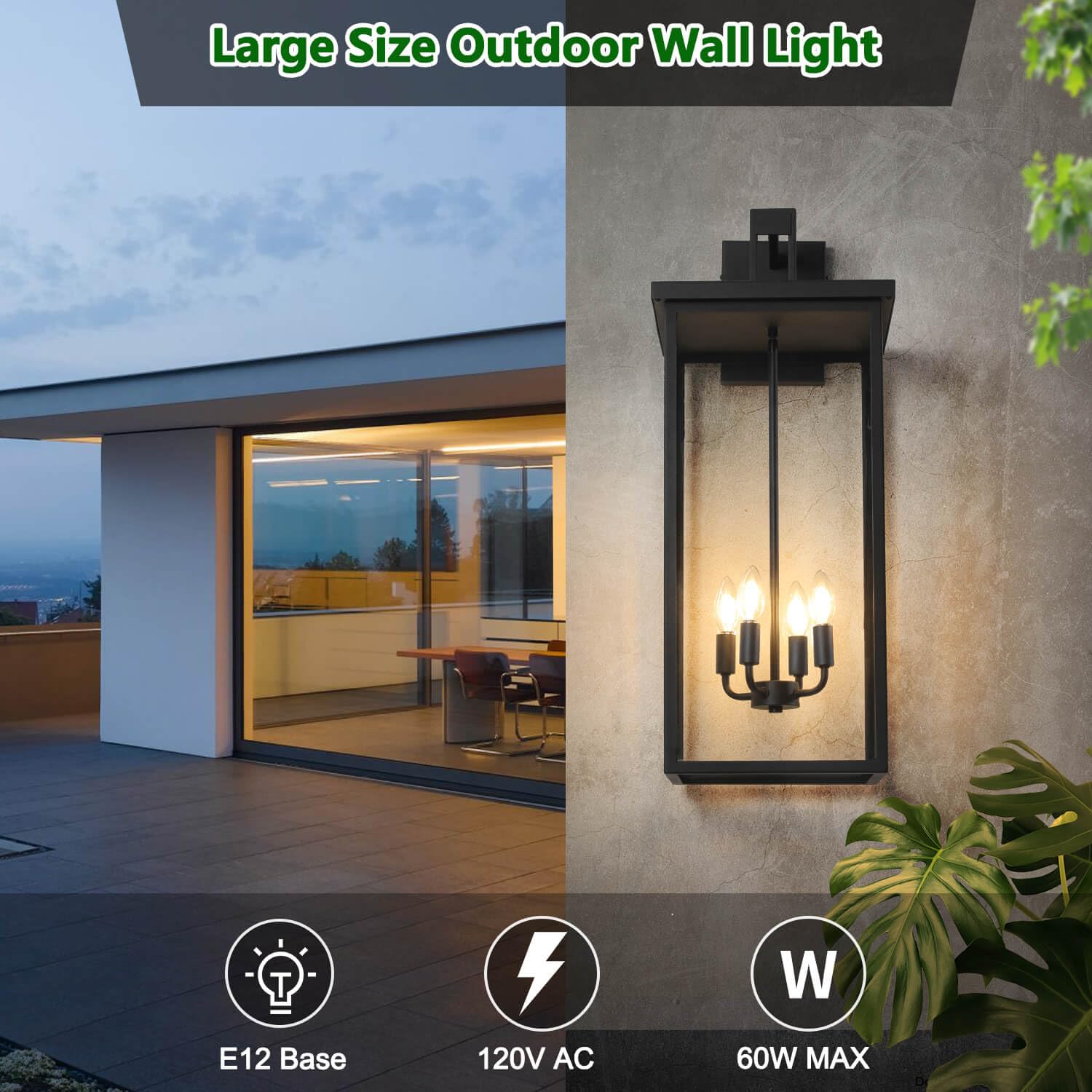 Tewei 30In Large Size Square Outdoor Wall Lantern, Modern Black Outdoor Light For House Waterproof Porch Lights Outdoor Wall Sco