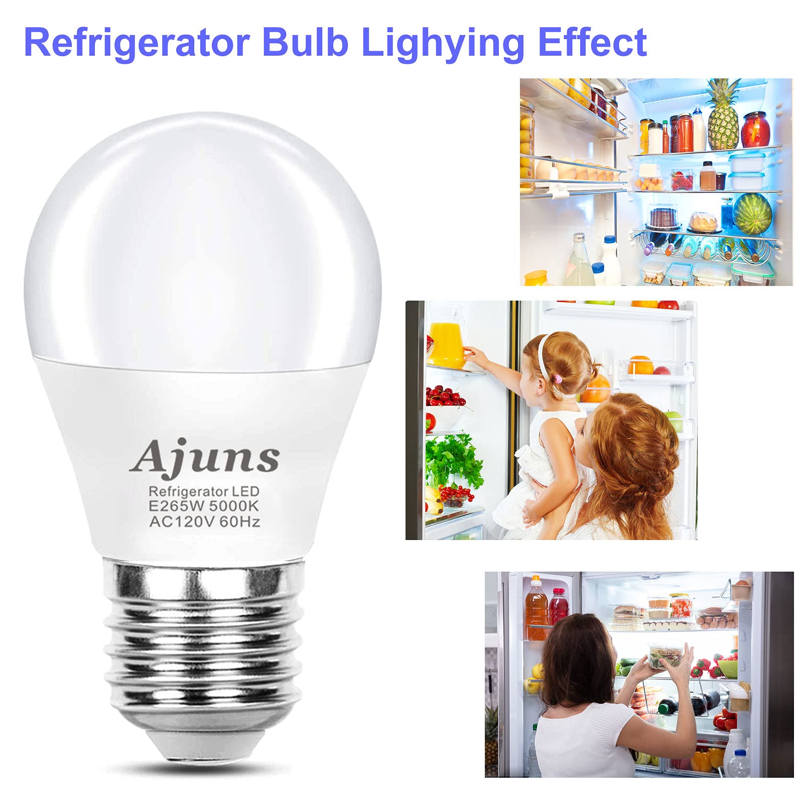 Ajuns LED Refrigerator Light Bulbs 5W Daylight White 5000K E26 2-Pack Waterproof A15 Model AJ-09