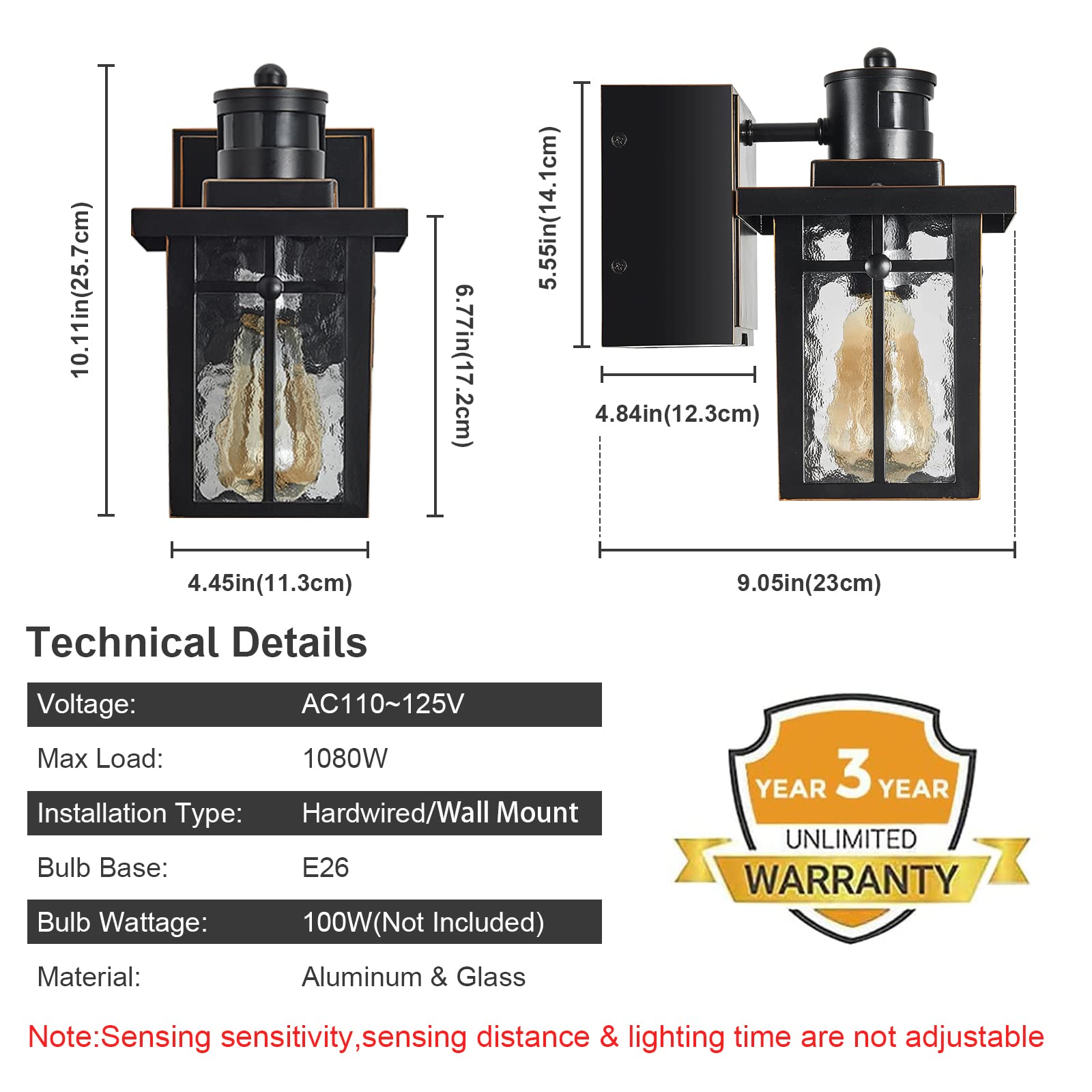 Myhaptim Porch Lights with GFCI Outlet, Dusk to Dawn Motion Sensor, Waterproof Black Outdoor Wall Lamp, Model OW-BK01