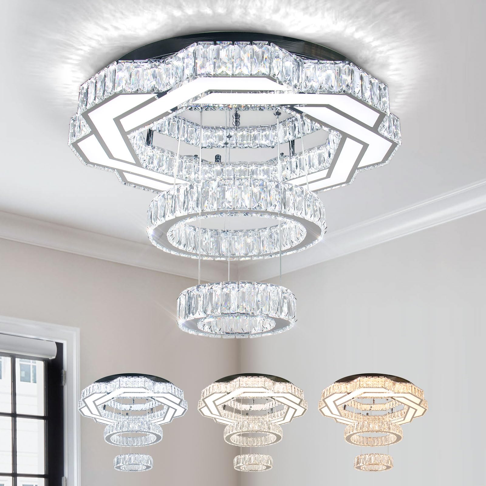 xychfantligh 22.5'' Modern Crystal Chandeliers Living Room Modern Crystal Ceiling Light 3 Color Change Pendant Light Flush Mount