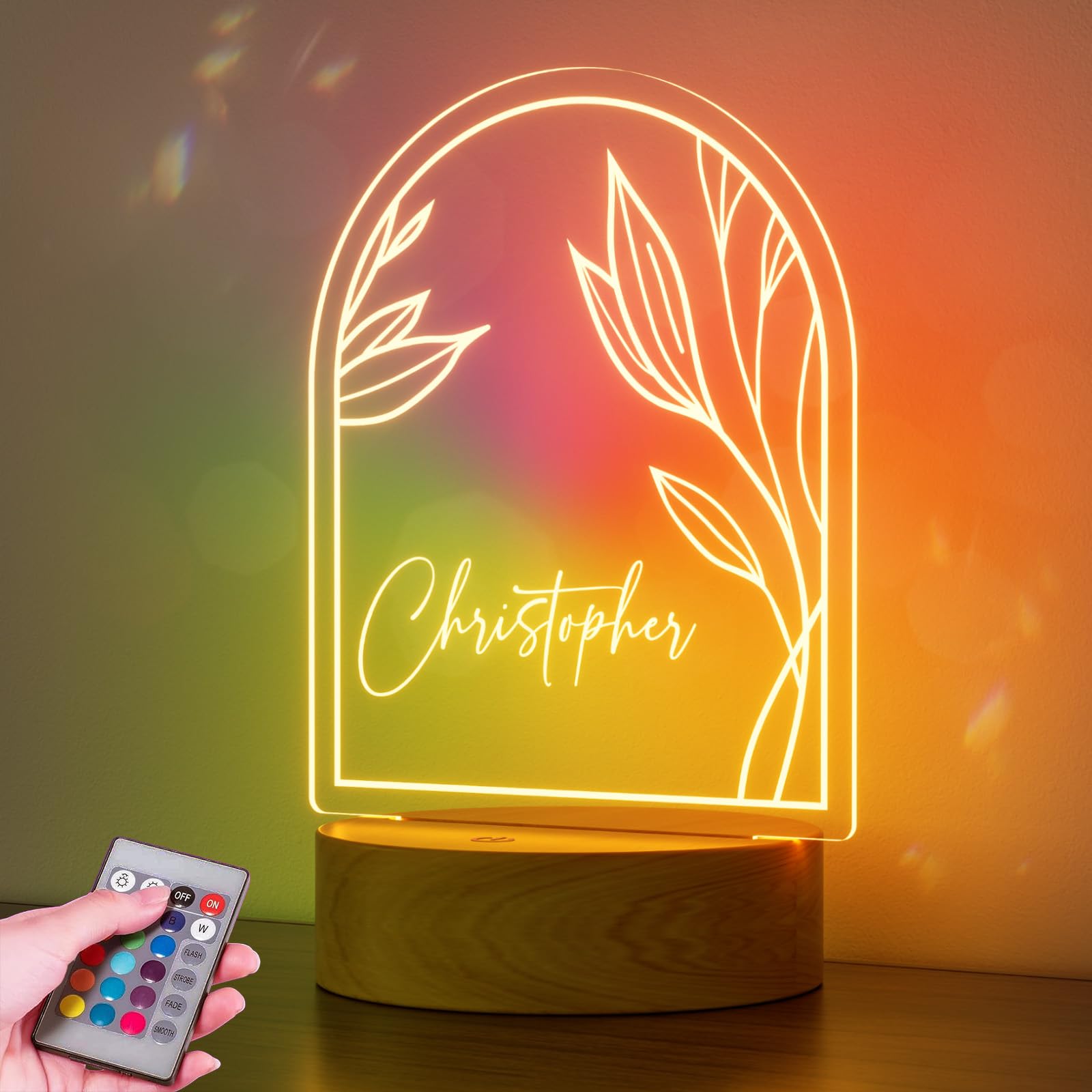 Burst Bird Personalized Baby Night Light - Acrylic, Color-Changing, Leaf, Model PNL-Leaf(Boho) for Kids Nursery Decor