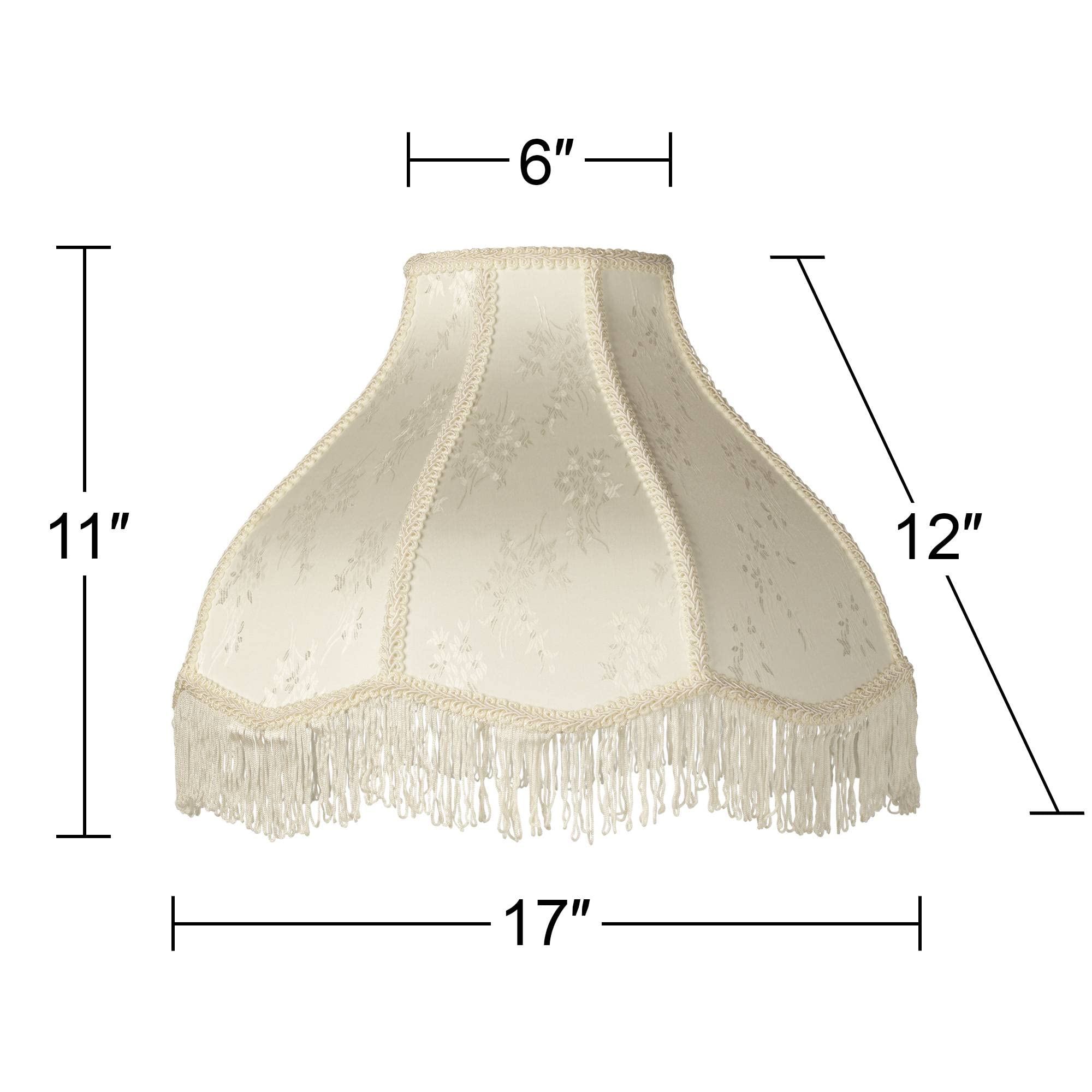 6&quot; Top X 17&quot; Bottom X 11&quot; High X 12&quot; Slant Lamp Shade Replacement Large Cream White Dome Traditional Fabric Fringe Floral Scalloped Spider Harp Finial - Springcrest