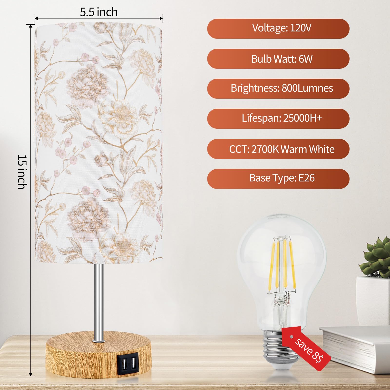 Lolikit Bedside Touch Lamp, Wood Small Table Lamp With 2 Usb Charging Ports & Flower Fabric Shade, 3-Way Dimmable Nightstand Lam