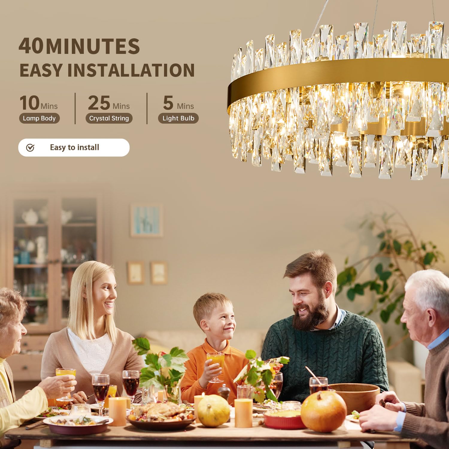 TMAFON Modern Brass Gold Crystal Chandelier, 30" K9 Crystal Pendant Light for Dining Room, Model TMAZ-8047-D760GD