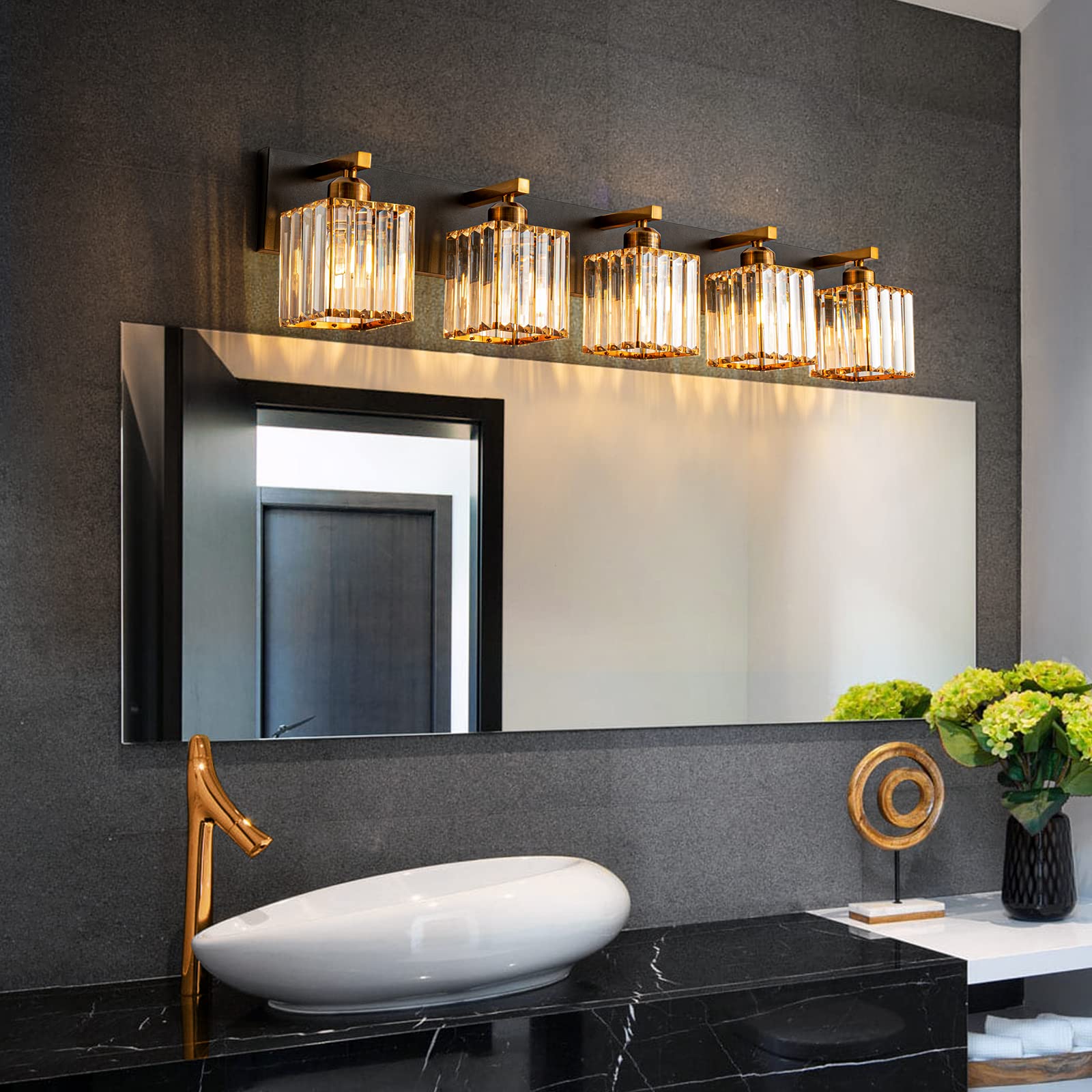 FDPBY 5-Light Modern Bathroom Vanity Light - Black Gold Metal, 36.22-Inch, Crystal Fixtures, Minimalist Design, Model JW-002