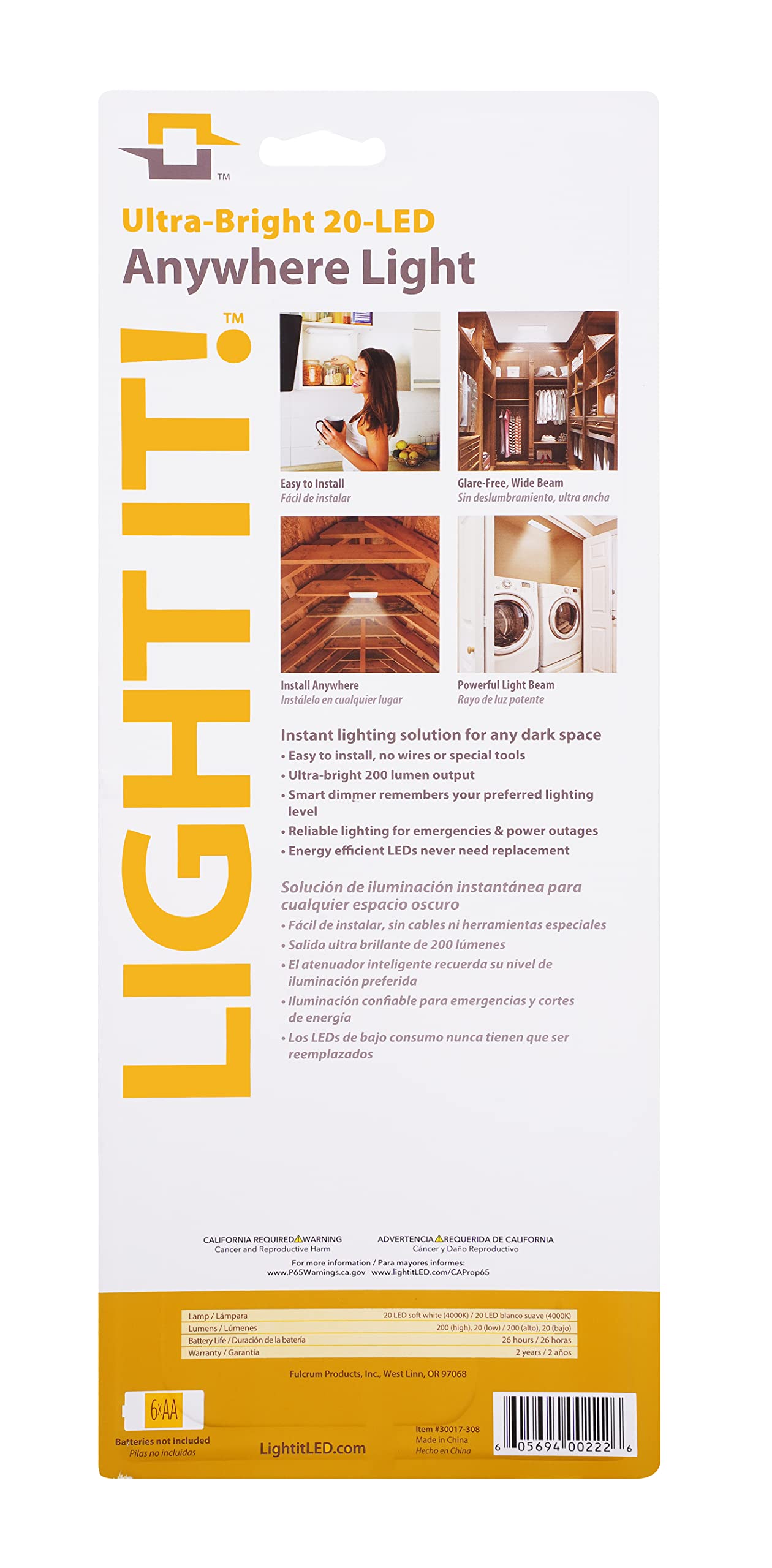 LIGHT IT! by Fulcrum 20-LED Anywhere Light, White, Single Pack, Model 30017-308, Durable ABS Plastic, Versatile Indoor/Outdoor Use