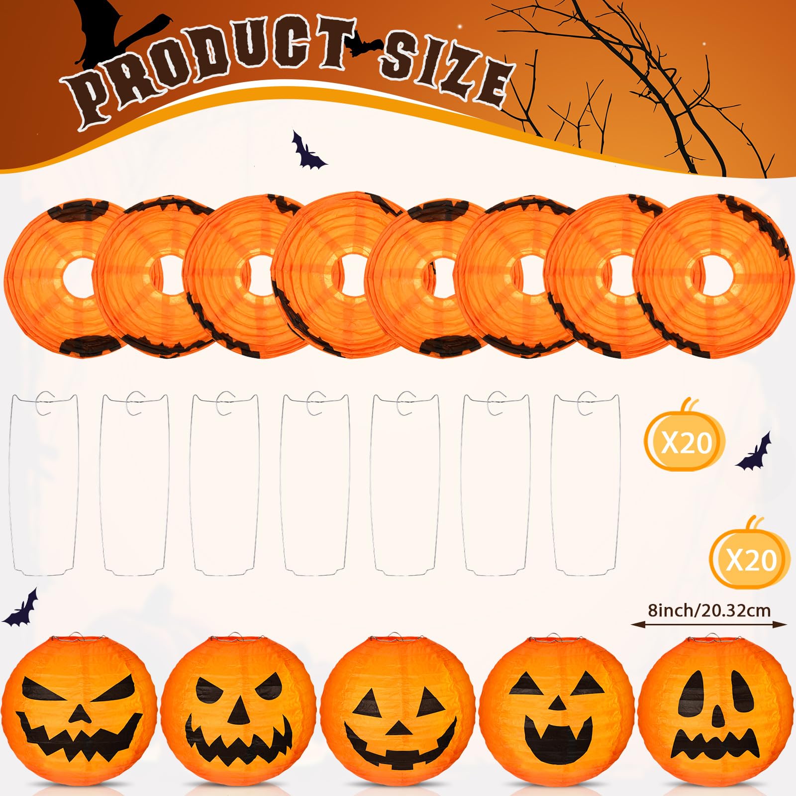 Retisee Halloween Pumpkin Lanterns - 20 Pcs 8 Inch Orange Paper Jack O' Lanterns for Indoor/Outdoor Decor