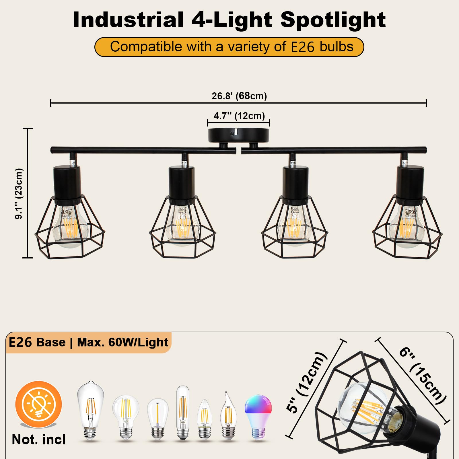 Hibay 4-Light Track Lighting Farmhouse  Industrial Directional Ceiling Track Light Fixtures  Black Geometric Cage Spotlight Indoor For Kitchen  Bedroom  Hallway  E26 Base (Bulbs Not Included)