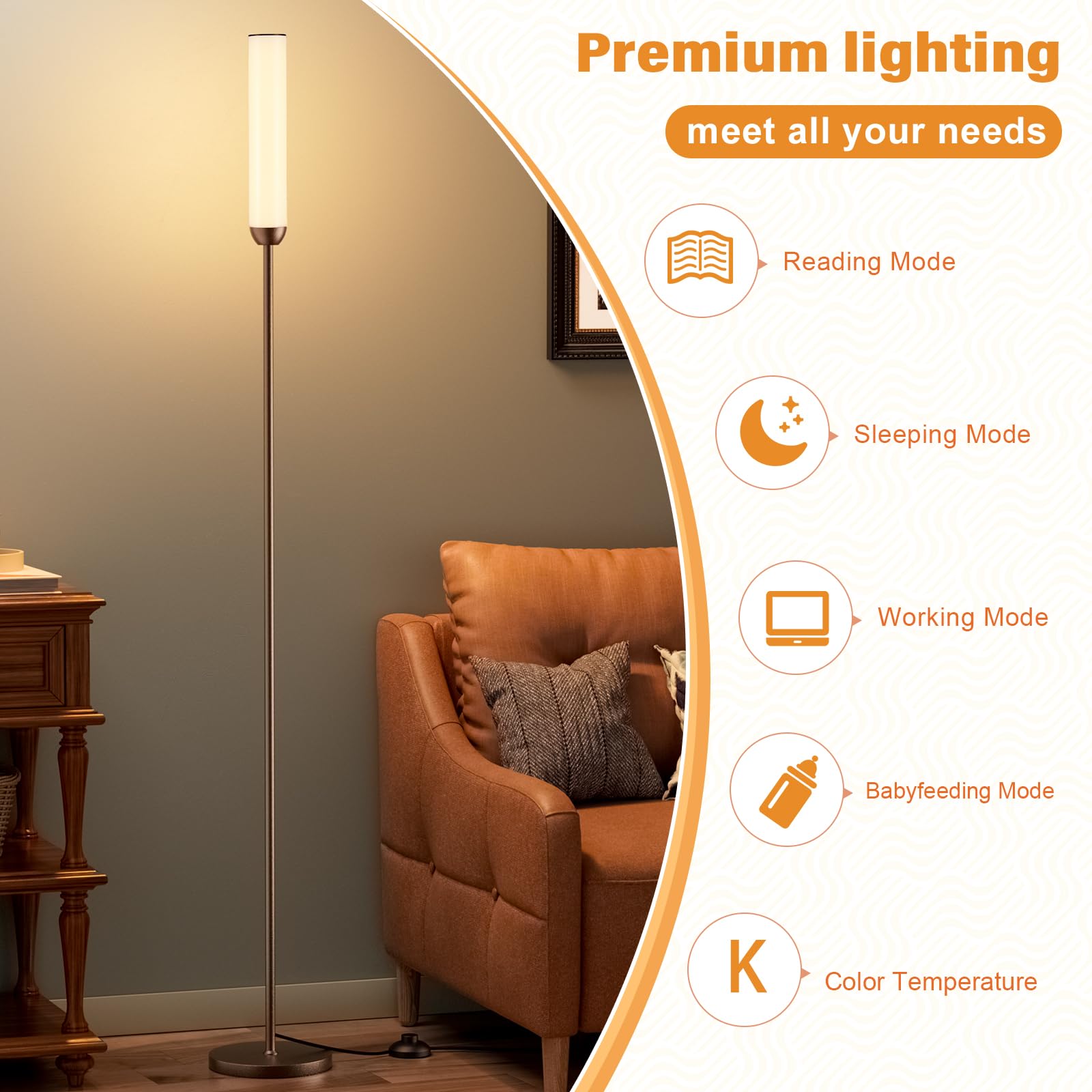 Ambimall LED Floor Lamp with Remote Control, 65in Stepless Adjustable 3000K-6500K, 5%-100% Brightness, Brown, Model RPT-ZGLED
