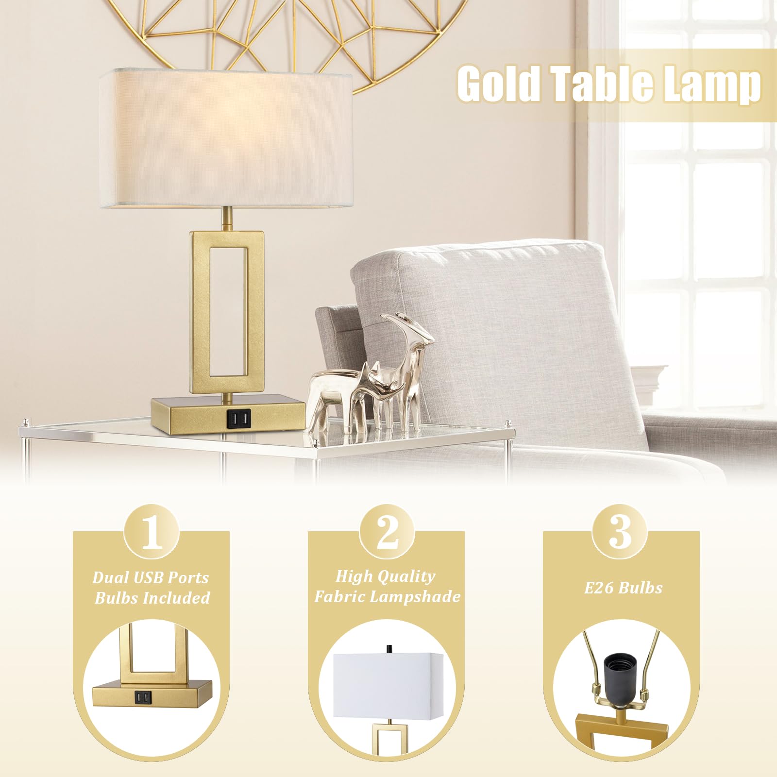 gernehop Gold Table Lamps Set of 2, 3-Way Dimmable Touch Control, 16Inch White & Gold, Includes LED Bulbs, Model T1002-GD-W