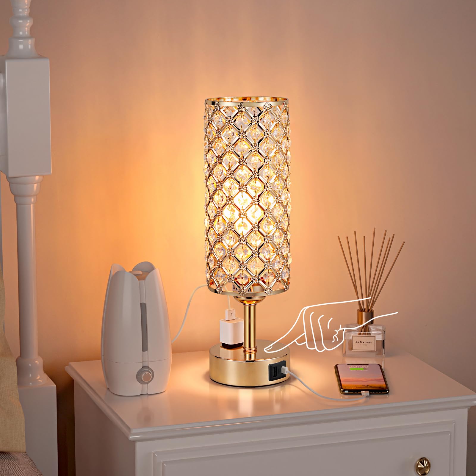 Hong-In Dimmable Gold Lamps Set Of 2 With Usb-C Charging Ports, 3-Way Crystal Bedside Lights For Bedroom And Living Room