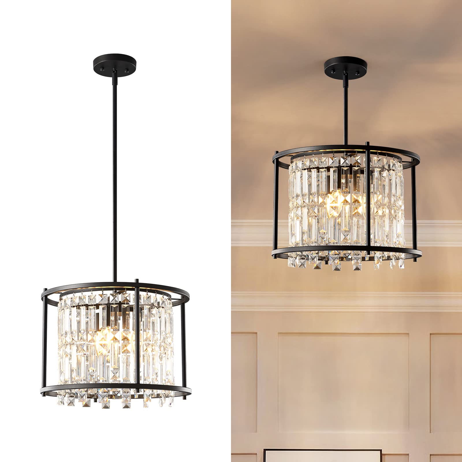 LMQNINE Modern Foyer Chandelier, Black Crystal Chandelier Entryway Pendant Light Fixture, Round Adjustable Height Chandeliers fo