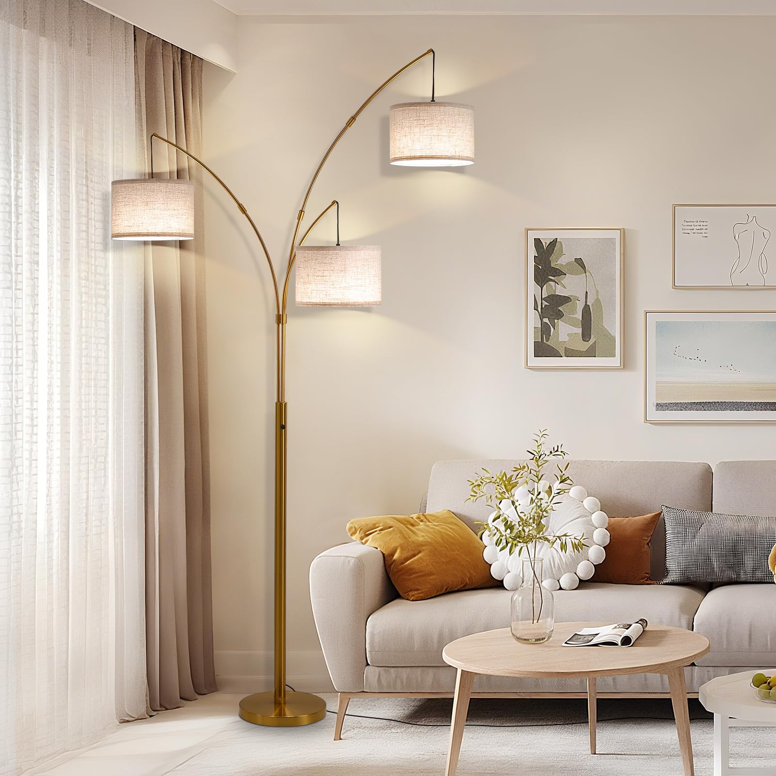 Fansdrick Gold Floor Lamps for Living Room, Super Bright Arc Floor Lamp with Remote Control, 3 Light Tall Floor Lamps with Stepl