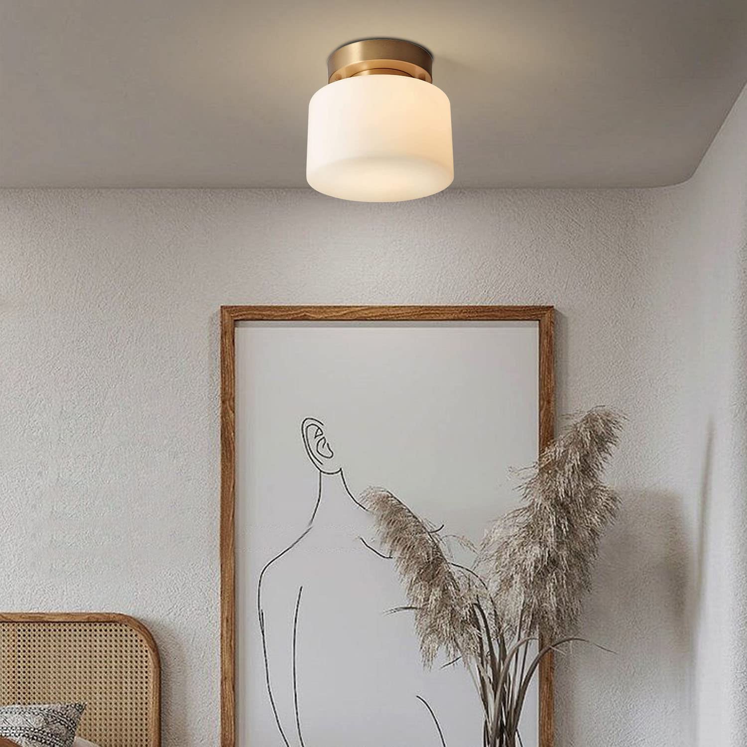 Flyrose Brushed Brass Gold Flush Mount Ceiling Light Fixture Frosted White Glass Ceiling Light Fixture Mid Century Modern Semi Flush Mount Ceiling Light Large Drum Ceiling Light Fixture