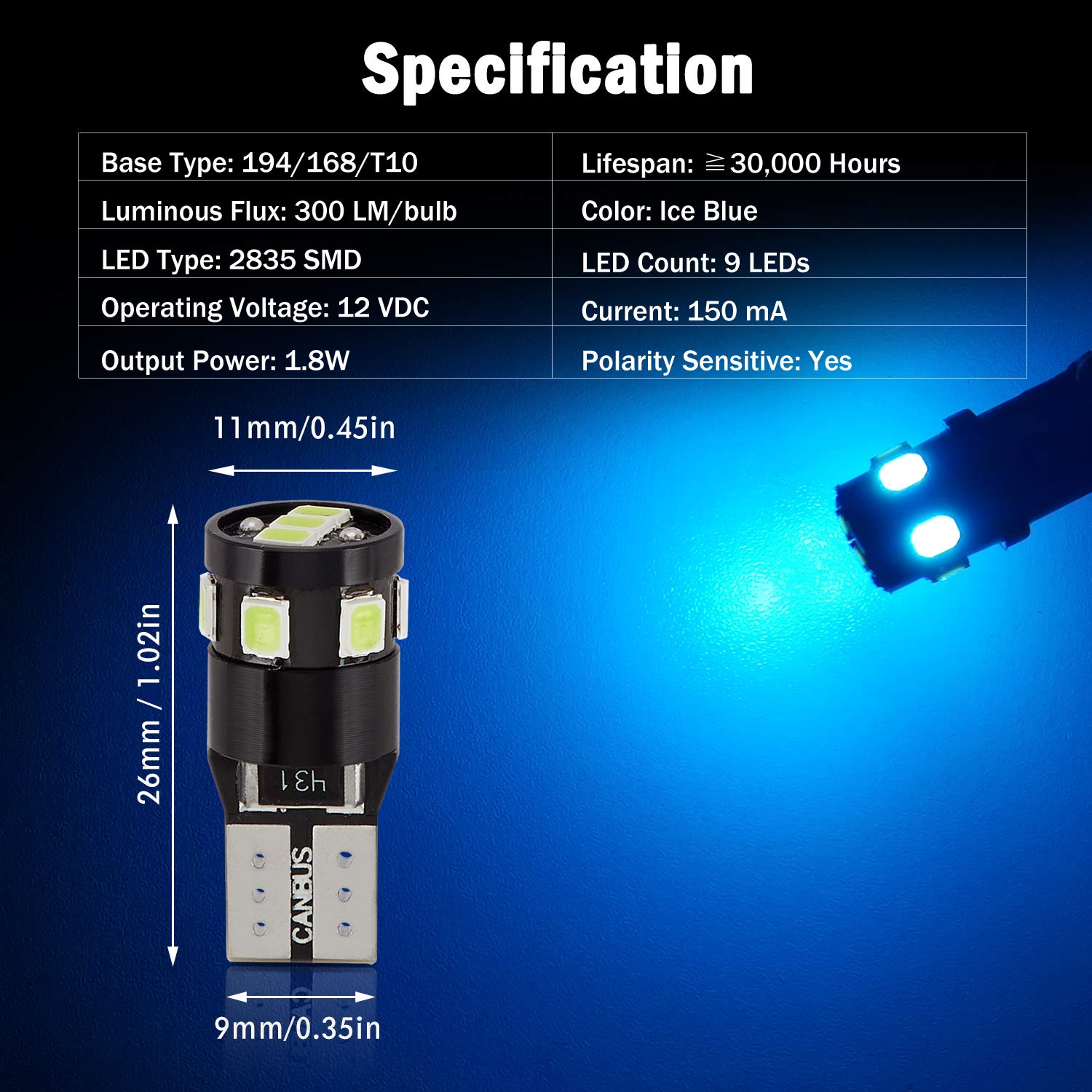 Brishine 300Lm Extremely Bright Canbus Error Free 194 168 2825 W5W T10 Led Bulbs Ice Blue 9-Smd 2835 Chipsets For Dome Map Door