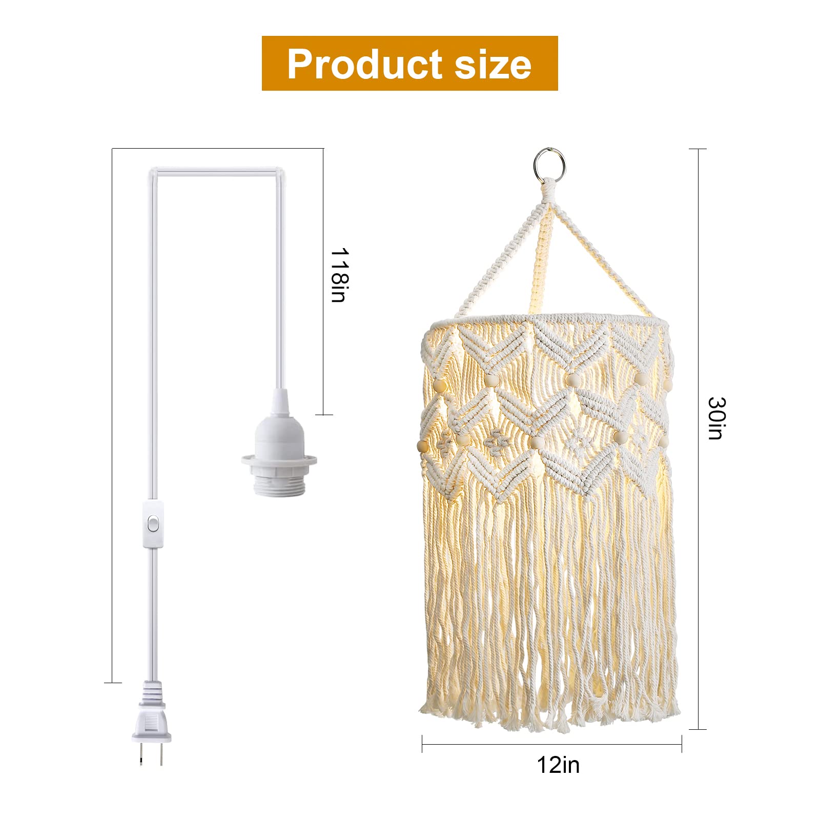 Bioaqua Macrame Pendant Light Shade, Handmade Cotton Lamp Shade, Type 2, Boho Hanging Light for Living Room/Bedroom