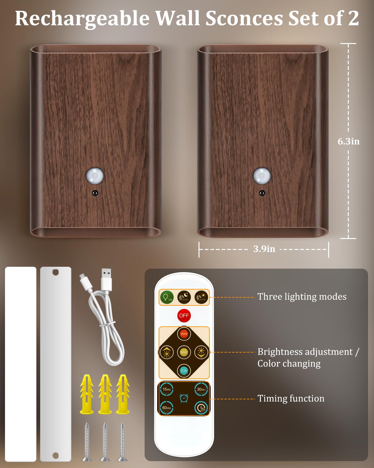 Fizrice Motion Sensor Wall Lights Wood - Decor Light Battery Operated Led Light Indoor Set Of 2 Rechargeable Light Easy Installation  Gifts For Tenant New Home Apartment Rv(Wood 2Pcs)