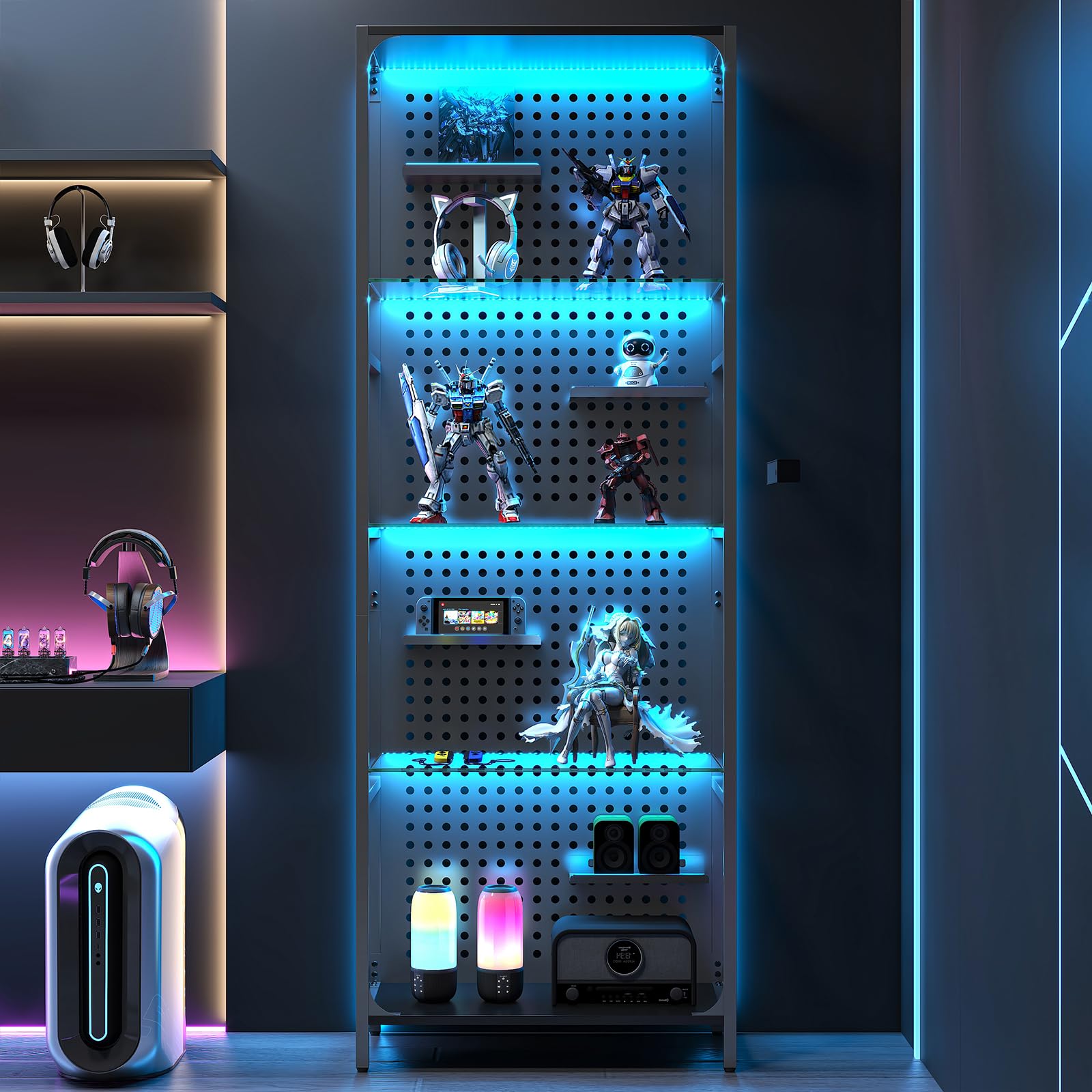 Saudism Glass Display Shelf For Collectibles, Led Black Narrow Shelf With Pegboard Steel Frame, Lighted Tall Curio Cabinet For G