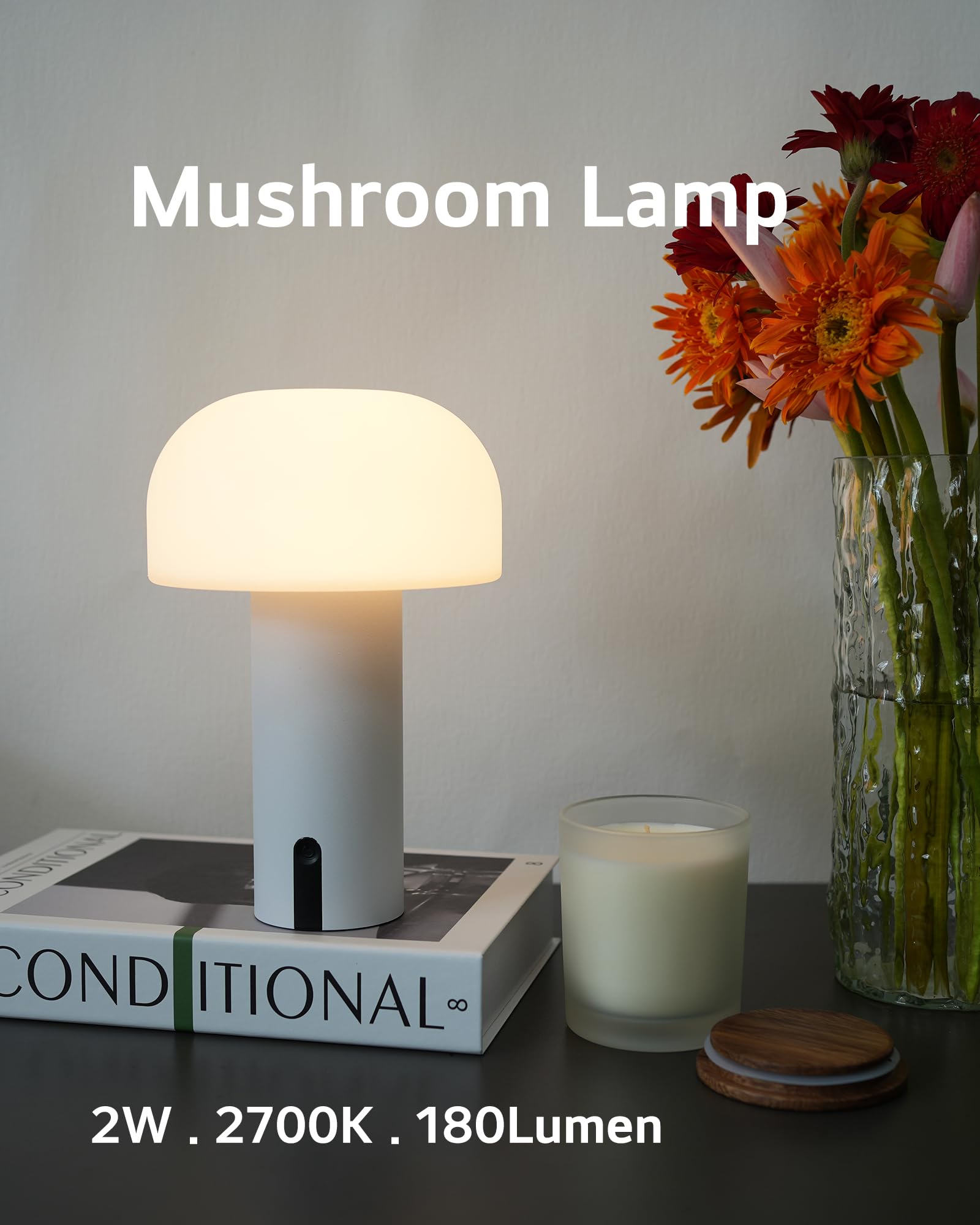 Ilovinit Waterproof Rechargeable Outdoor Mushroom Table Lamp, Cordless Usb Touch Dimming Light - White