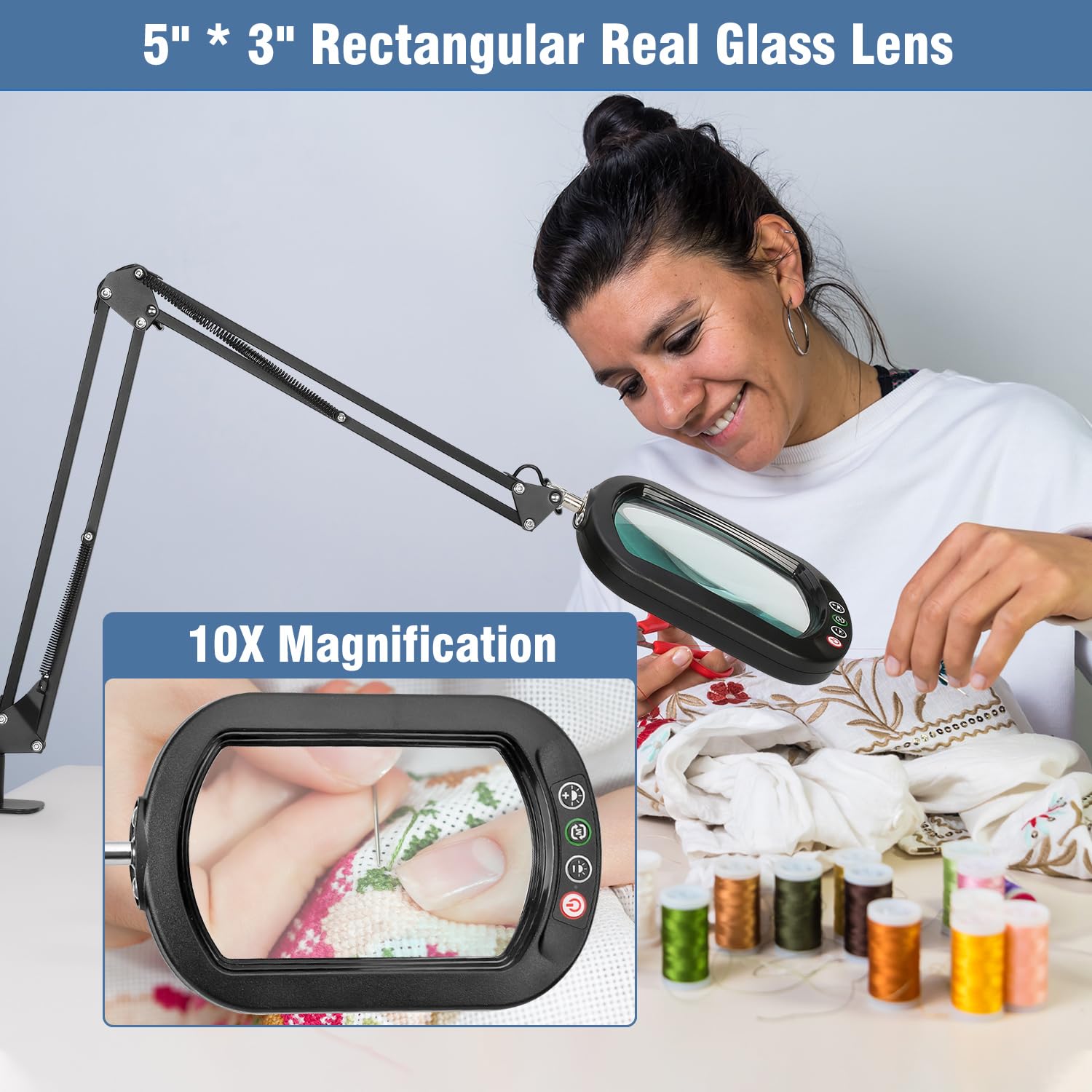 10X Rectangle Magnifying Glass With Light And Clamp, 2*16 Inch Large Swivel Arm Led Desk Lamp, 5 Color Modes Brightness Steeples