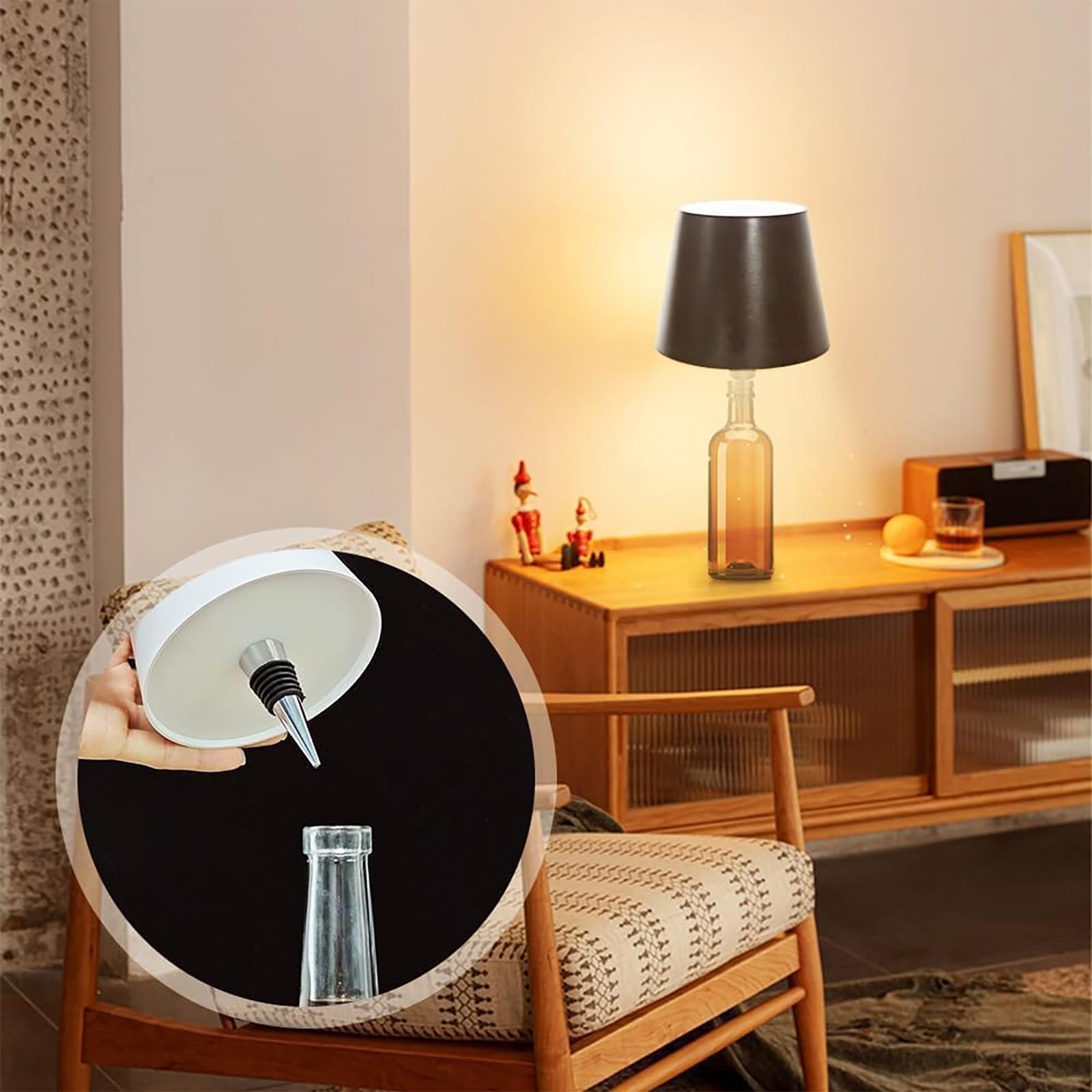 Neioaas Wireless Bottle Lamp - Rechargeable Touch Control, Stepless Dimming, Black, Iron, Model N-Bottle Lamp, Perfect for Living Room & Bar