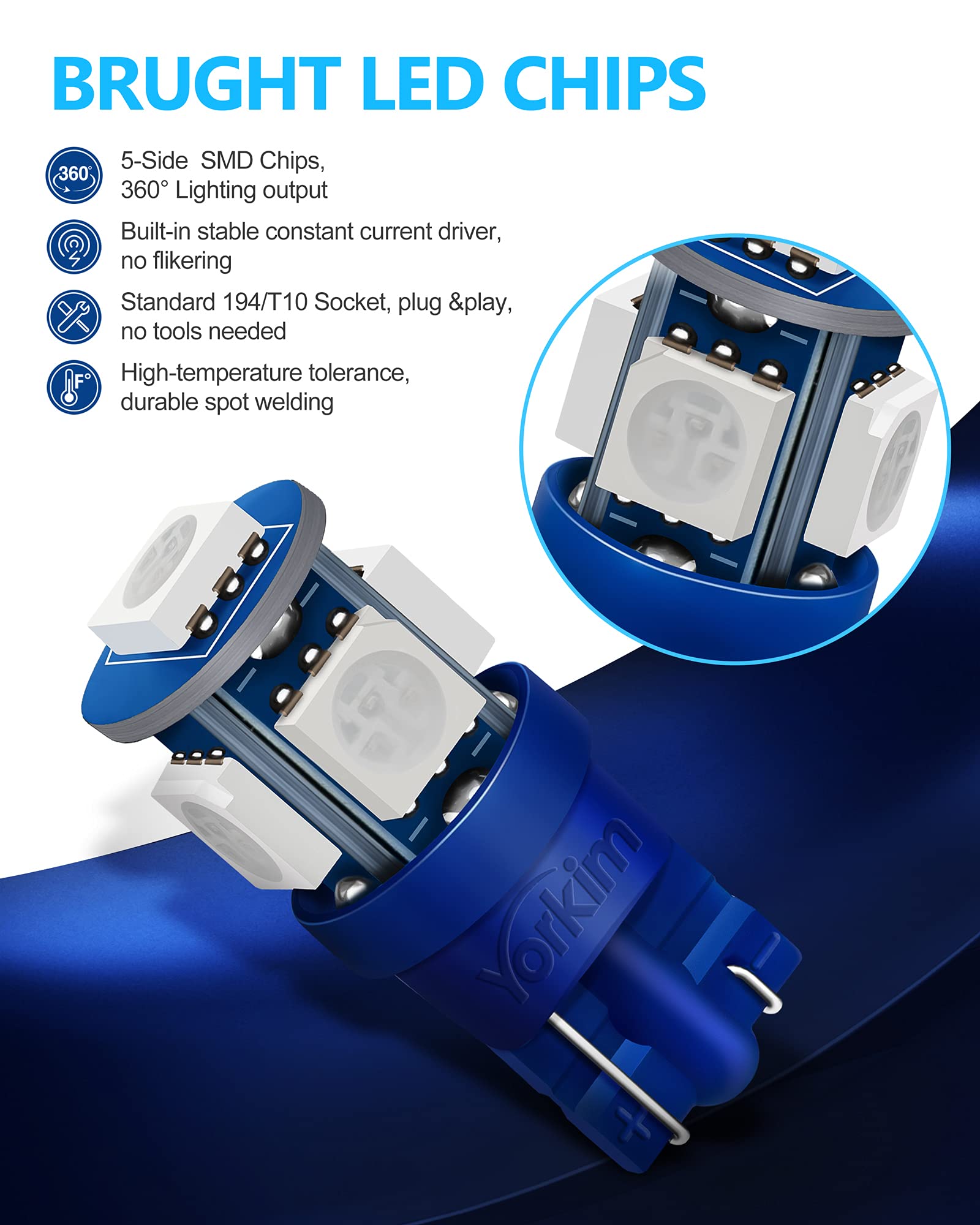 Yorkim 194 Led Bulbs Blue Super Bright New 5Th Generation, T10 Led Bulbs, 168 Led Bulb For Car Interior Door Courtesy Dome Map License Plate Lights W5W 2825, Pack Of 10