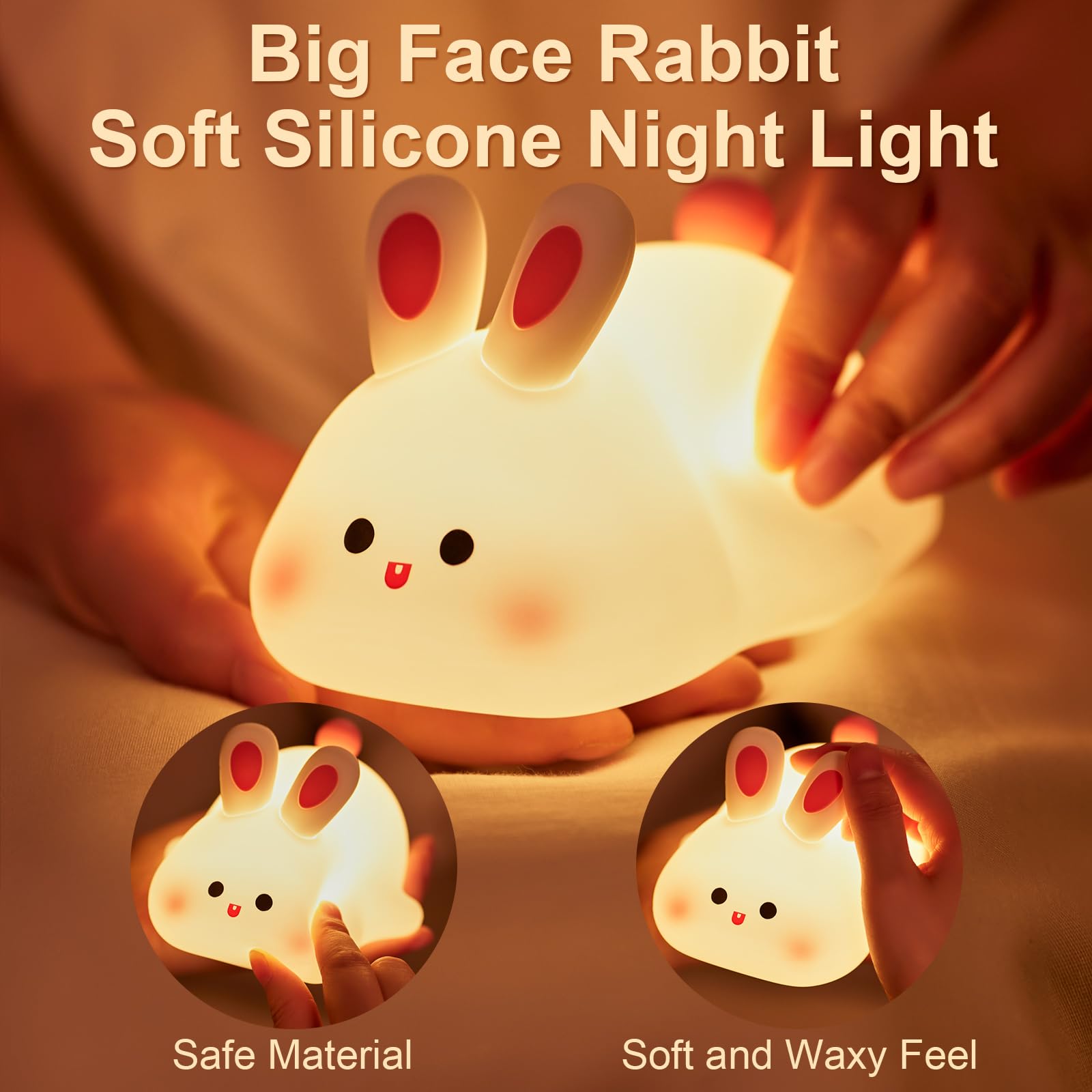 Beszeith Rabbit Night Light - Dimmable Silicone Bunny Lamp, Rechargeable, Cute Bedside Decor for Kids, Model K-1153, Color A-Rabbit