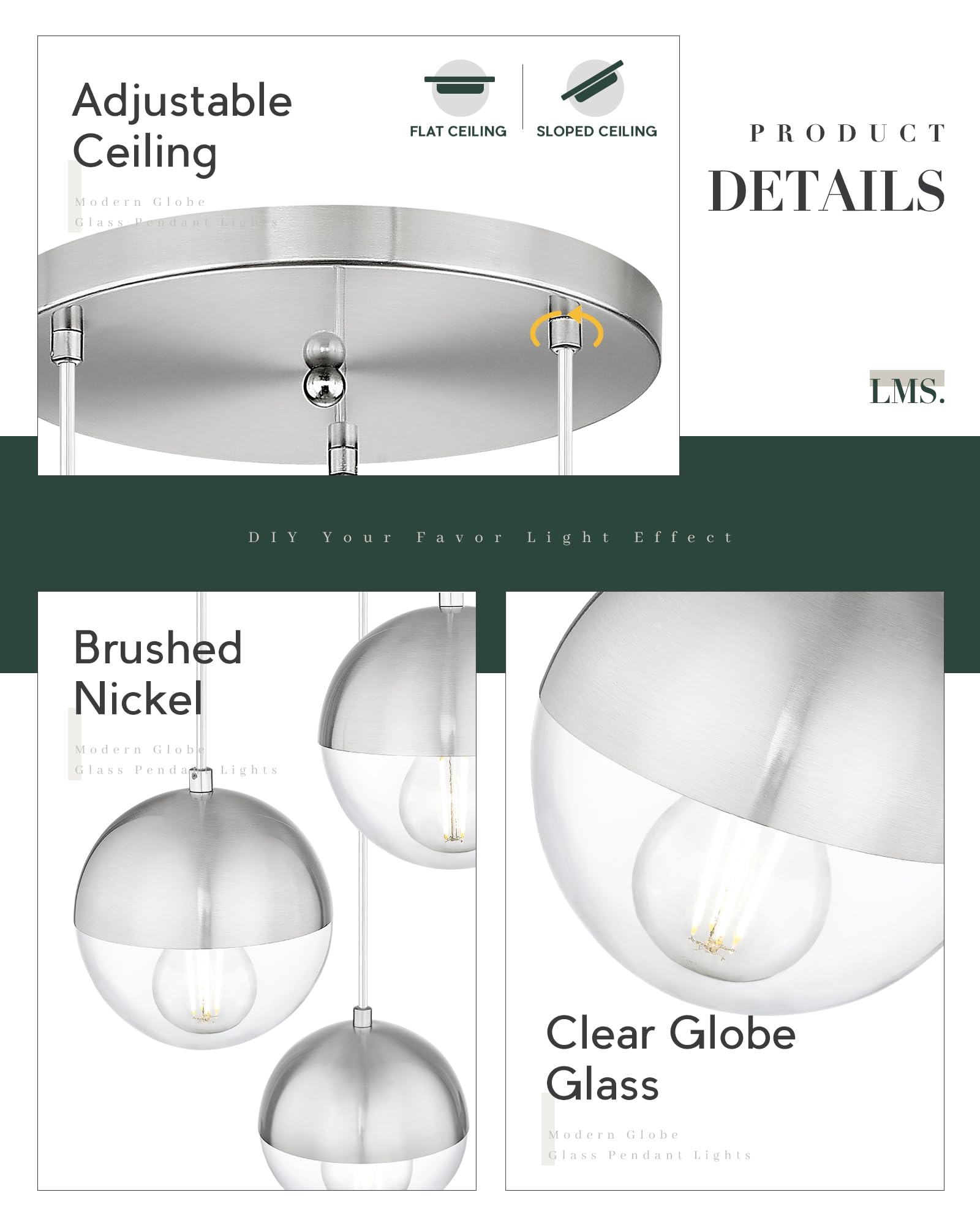 Lms Modern Brushed Nickel 3-Light Cluster Pendant Lights, Mid Century Pendant Lighting With Clear Globe Glass Shade, Adjustable