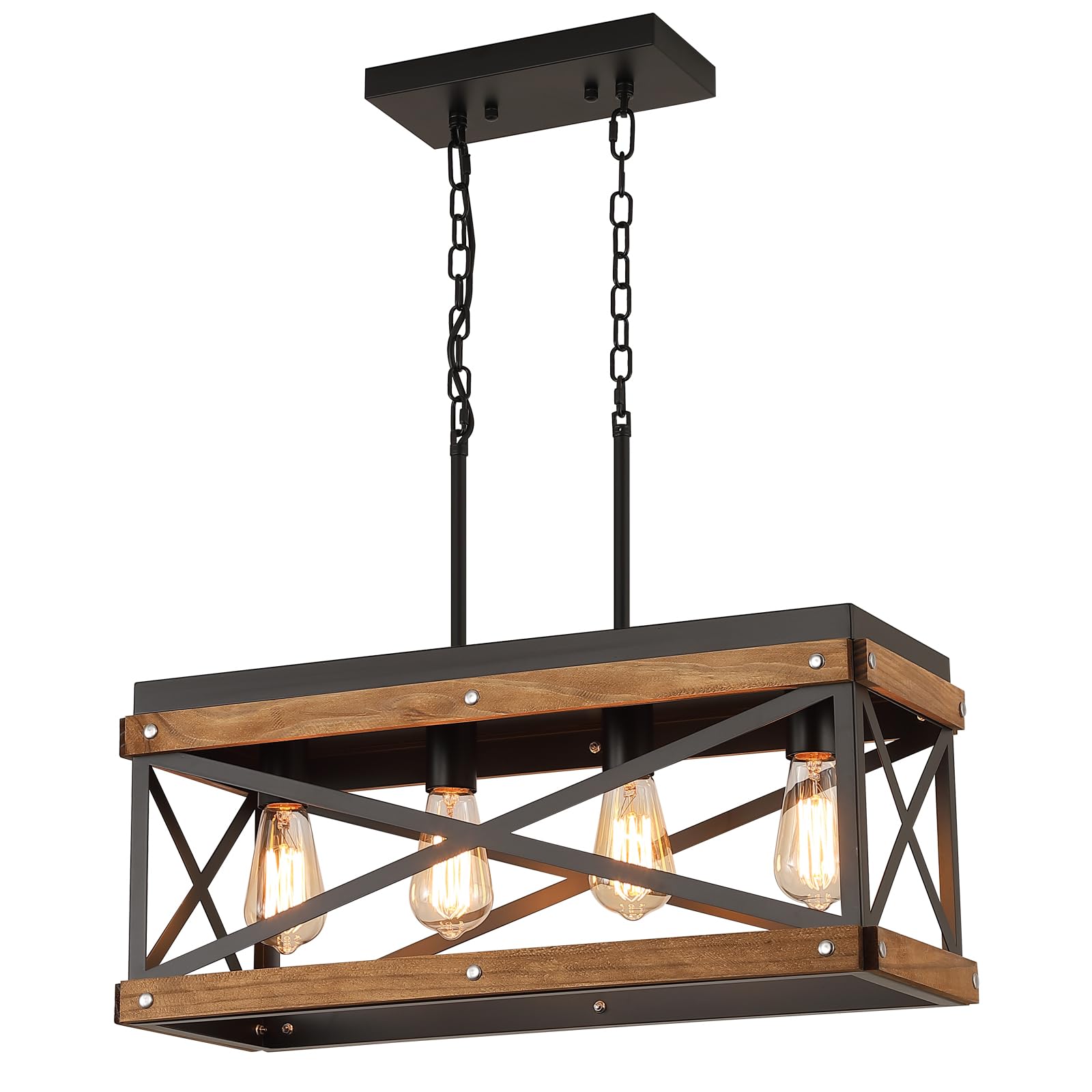 Rustic Farmhouse Wood Kitchen Island Lighting  4 Lights Rectangular Pendant Light Fixture  Adjustable Chain Oak Wood And Metal Linear Chandelier For Dining Room Kitchen Island Farmhouse  Black