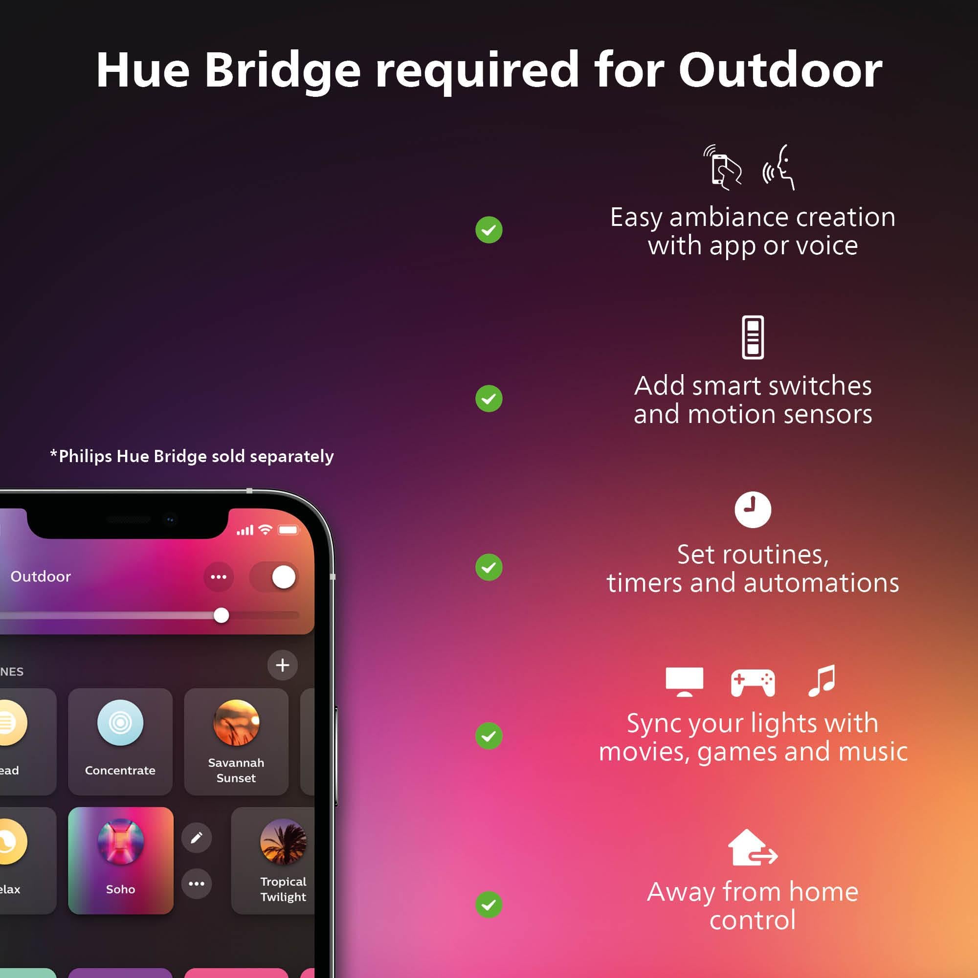 Philips Hue Outdoor Smart Flood Light Fixture - 15W, 2 Pack, Color-Changing LED, Weatherproof, Model R1743530V7-2, Black