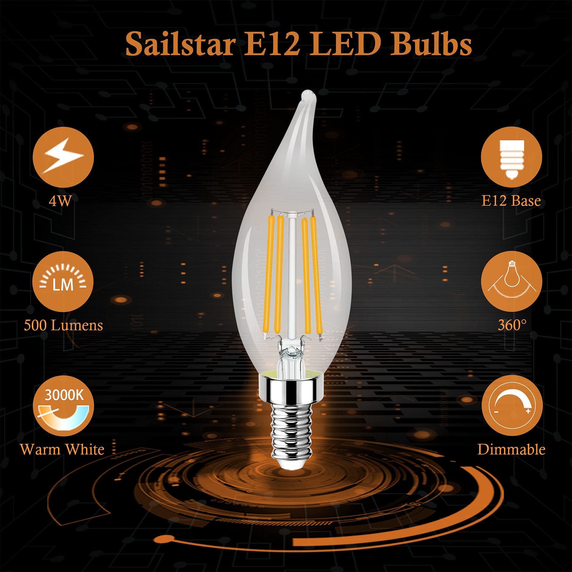 Sailstar E12 Candelabra Led Bulb 60W Equivalent, Dimmable 3000K Warm White, Flame Tip, 4W, 500Lm, 120V, Cri 85, For Chandelier,